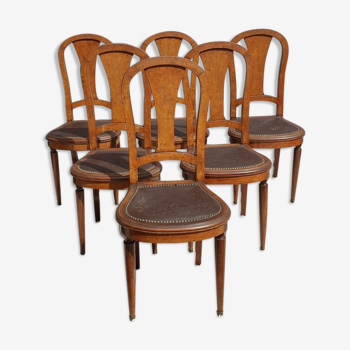 Lot 6 Art Deco chairs in Walnut style Louis XVI seat leather decorated with roses