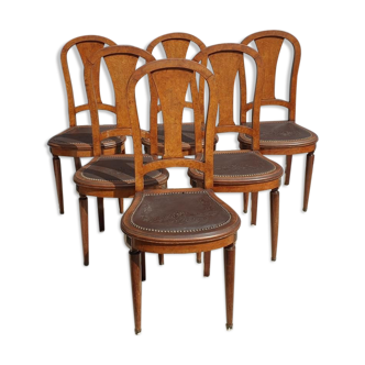 Lot 6 Art Deco chairs in Walnut style Louis XVI seat leather decorated with roses