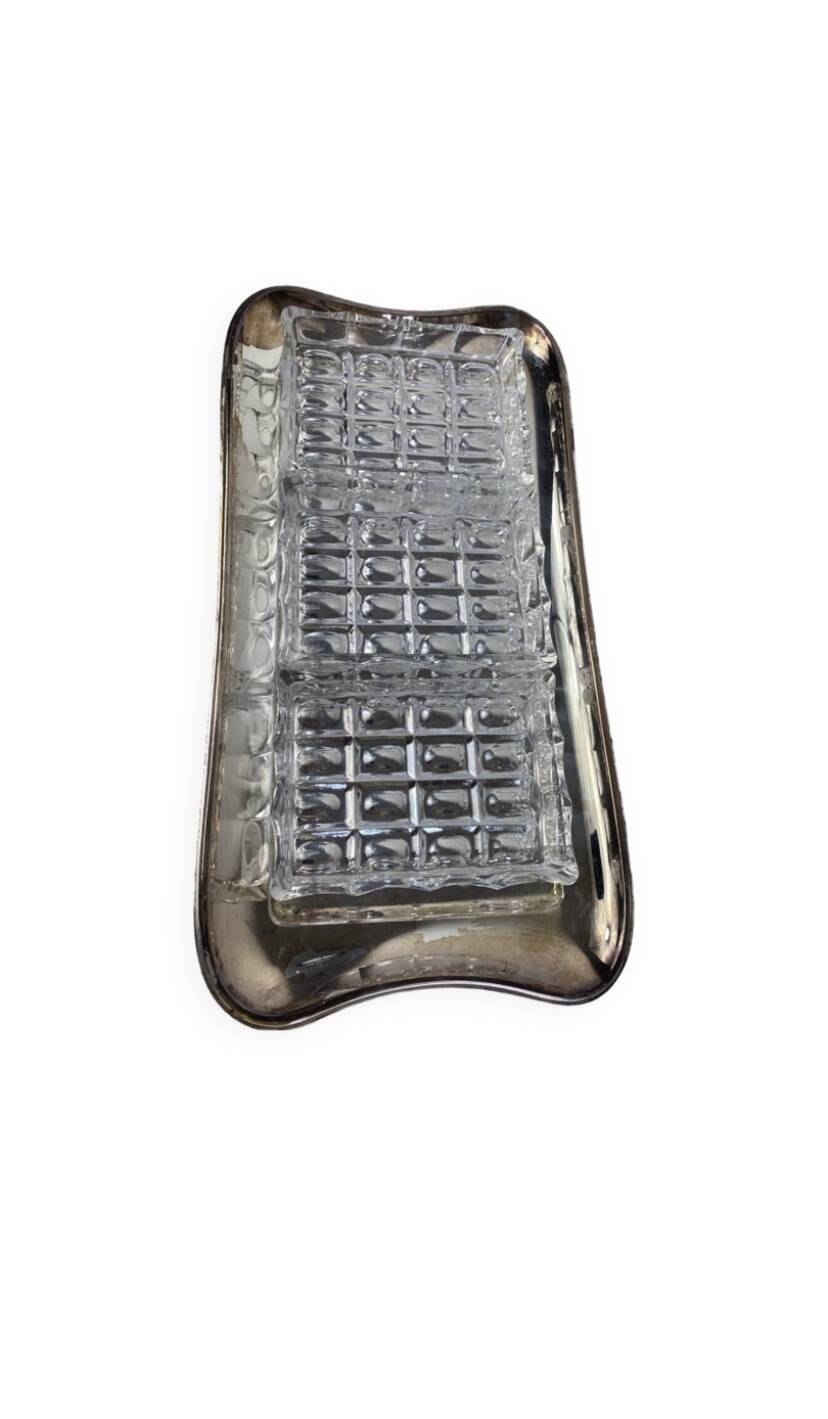 Silver-plated metal and glass hors d'oeuvre tray