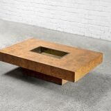 Table basse en bois de loupe avec bar en laiton par Jean Charles pour Maison Charles, 1970