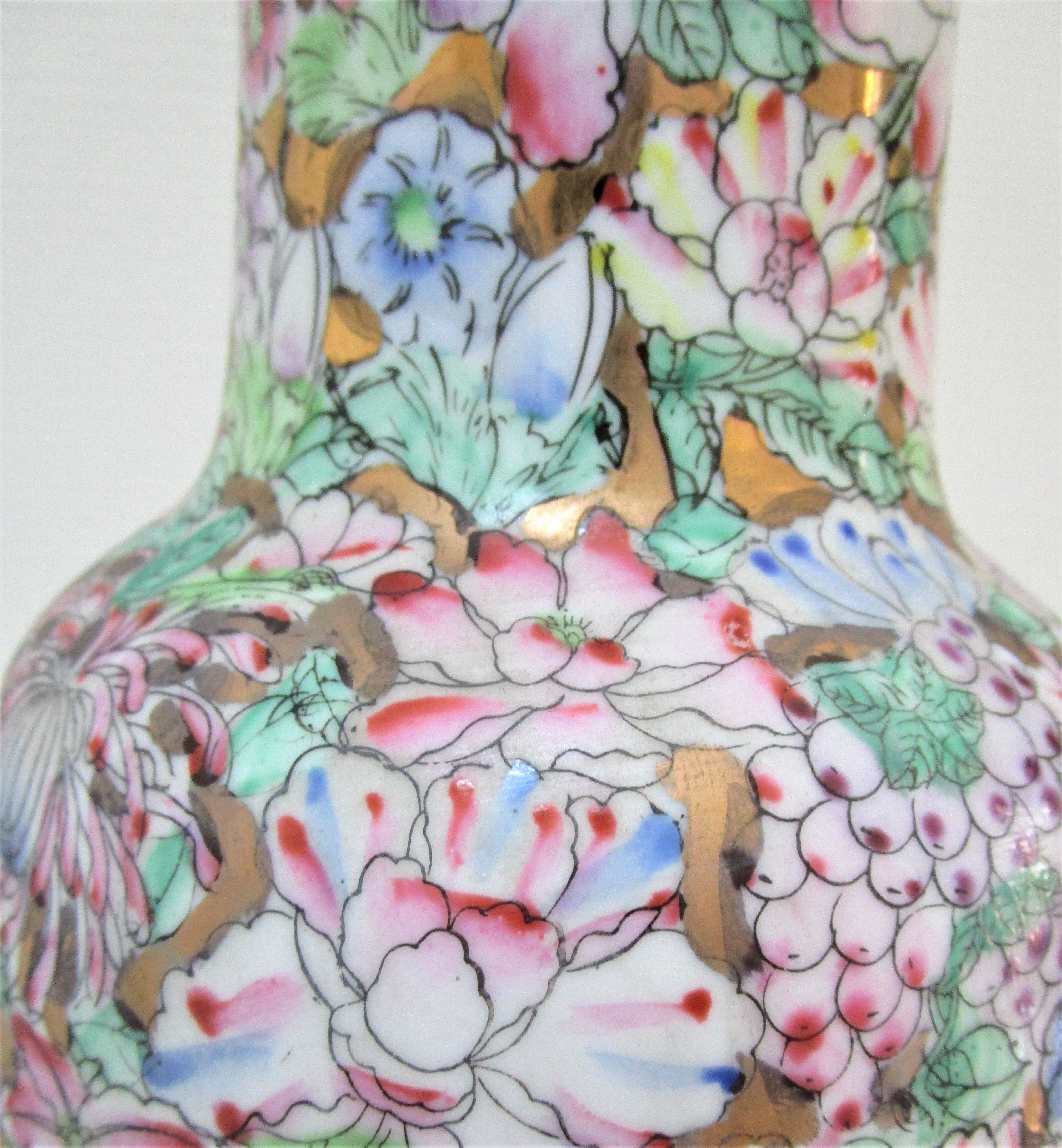 Chinese porcelain lamp foot with polychrome decoration of vintage flowers