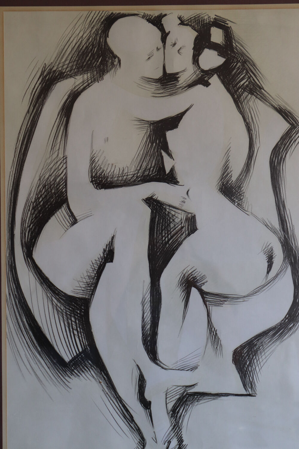 Large framed ink drawing – Embracing couple