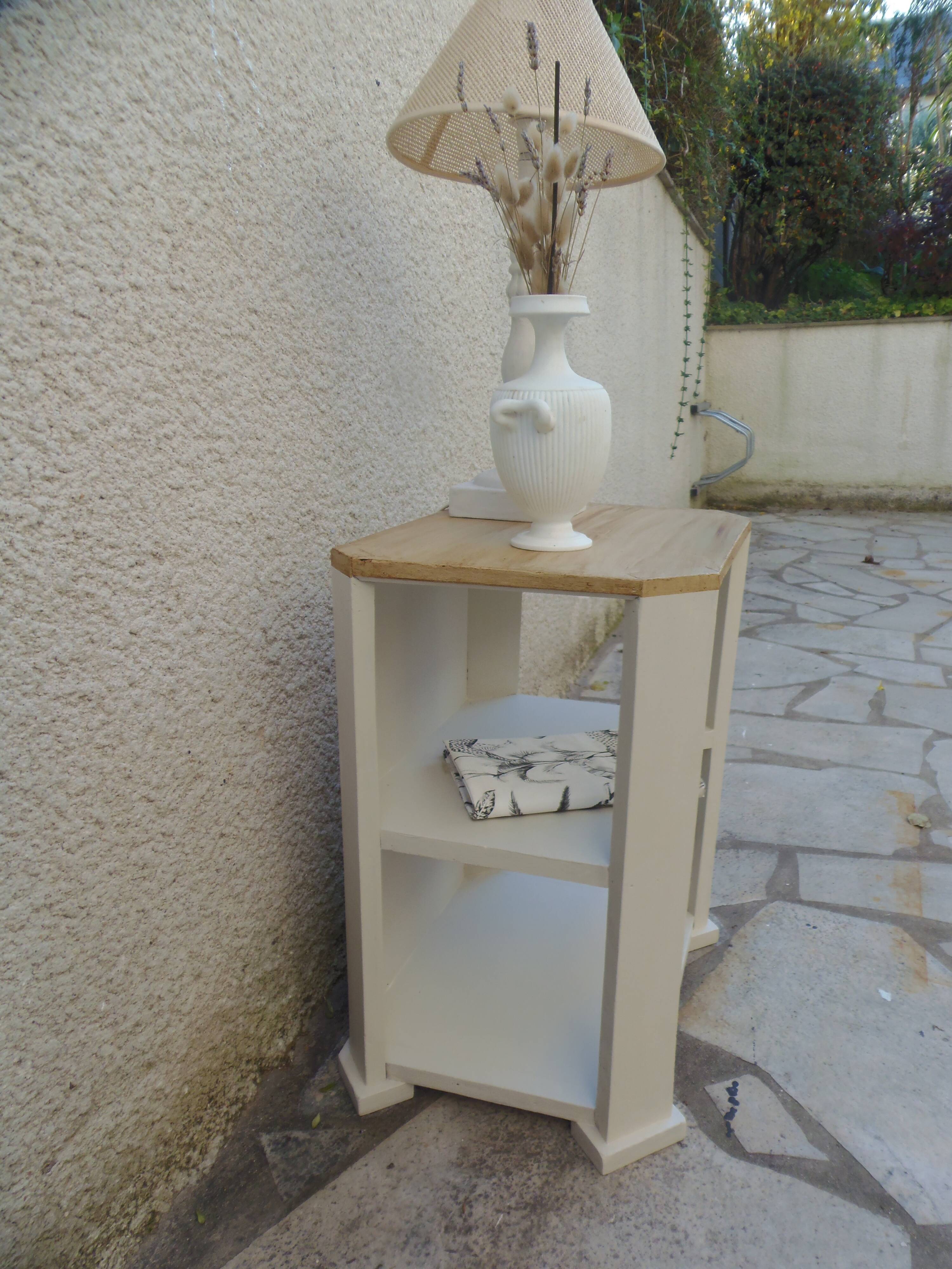 Vintage side table reimagined in beige, wooden tops.