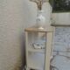 Vintage side table reimagined in beige, wooden tops.