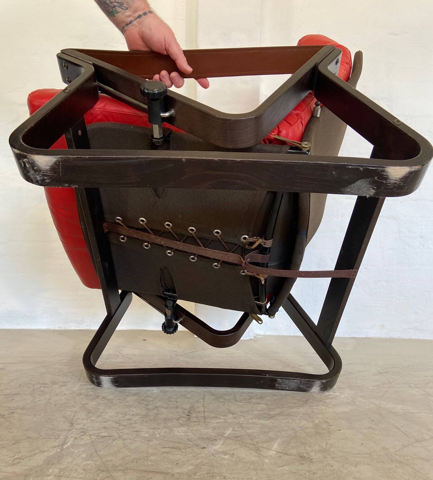 Vintage danish retro reclining lounge chair & stool in red leather by komfo