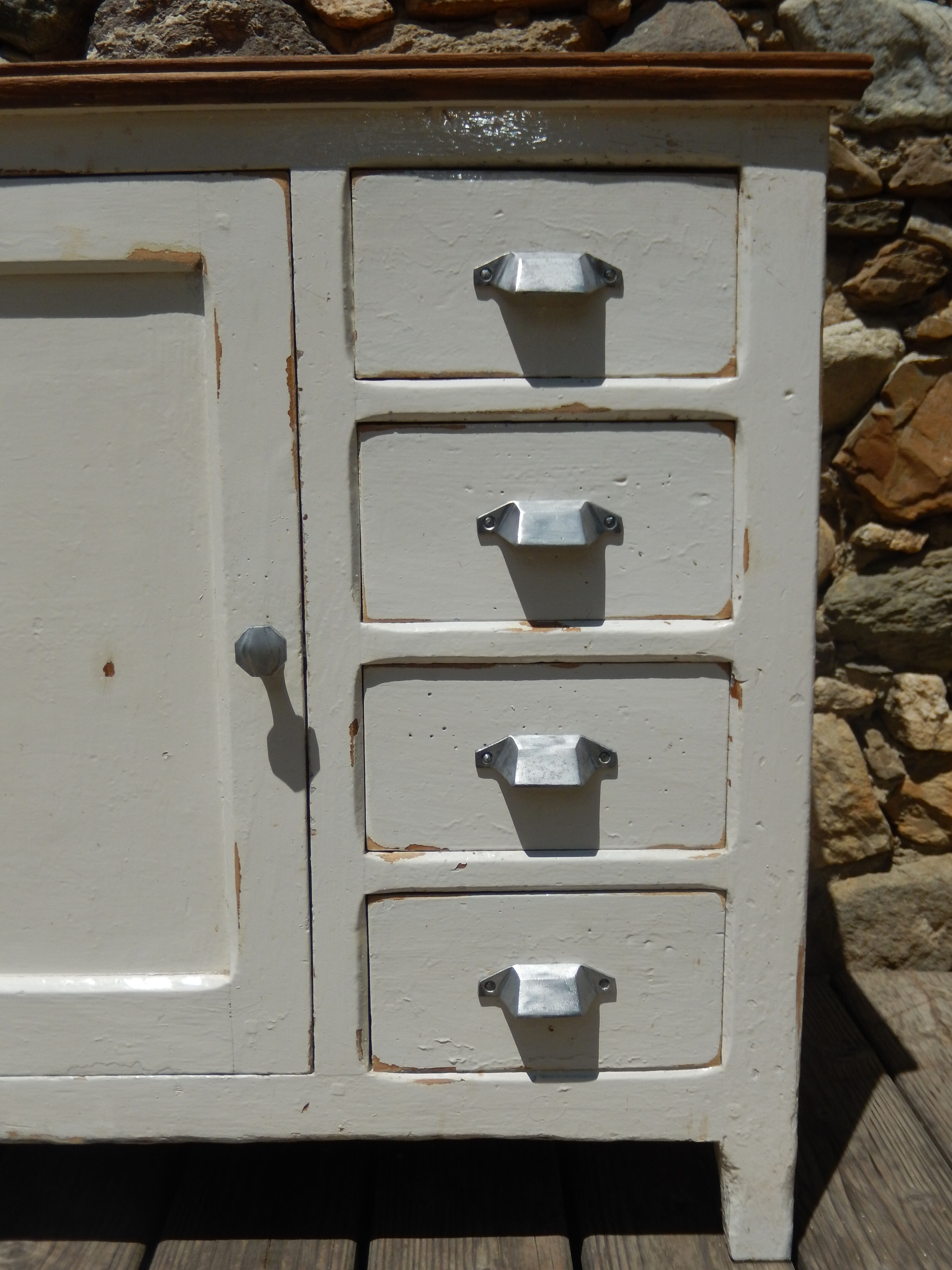 Antique sideboard / charming solid pine workshop furniture with a patina.
