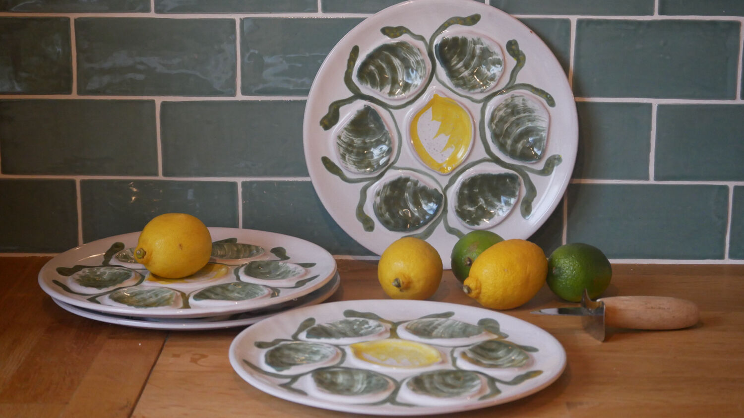 Set of 4 Belon earthenware oyster plates – 25 cm – yellow & green