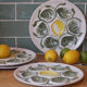 Set of 4 Belon earthenware oyster plates – 25 cm – yellow & green