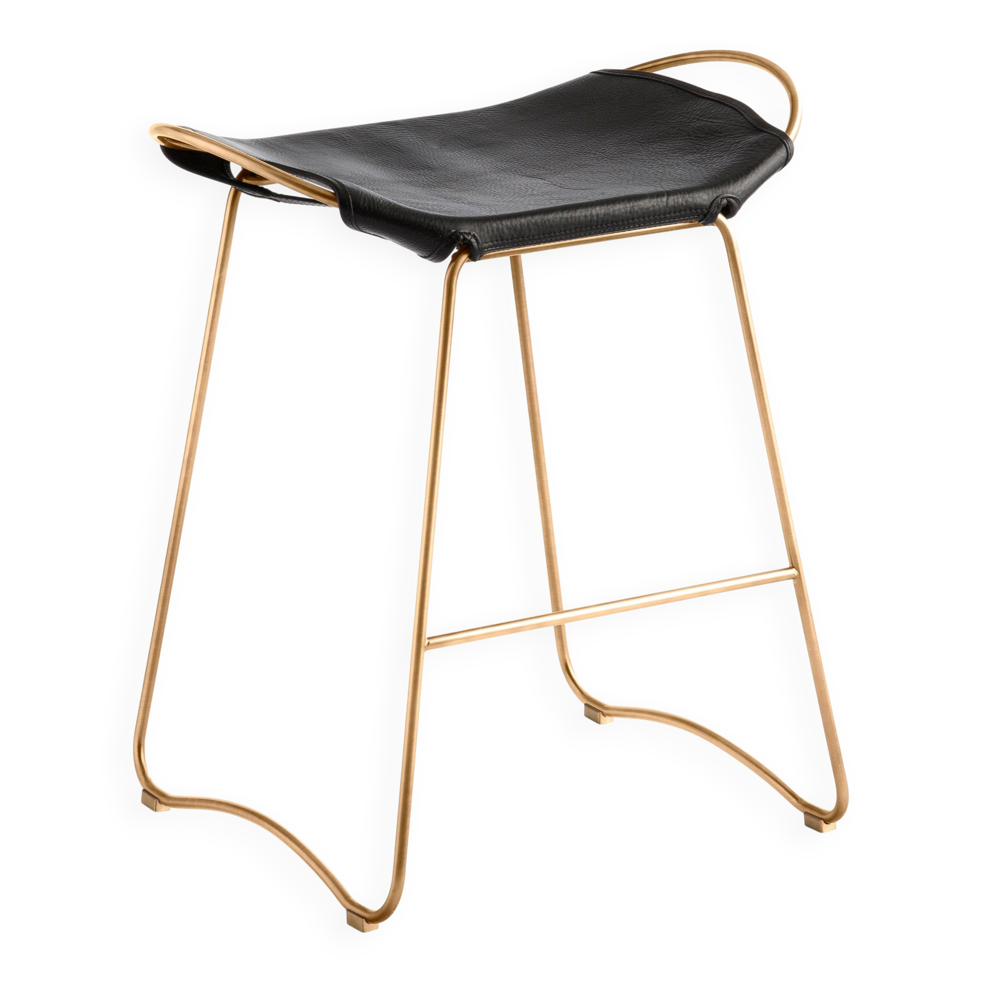Tabouret contemporain, métal laiton vieilli et cuir noir