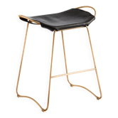 Tabouret contemporain, métal laiton vieilli et cuir noir