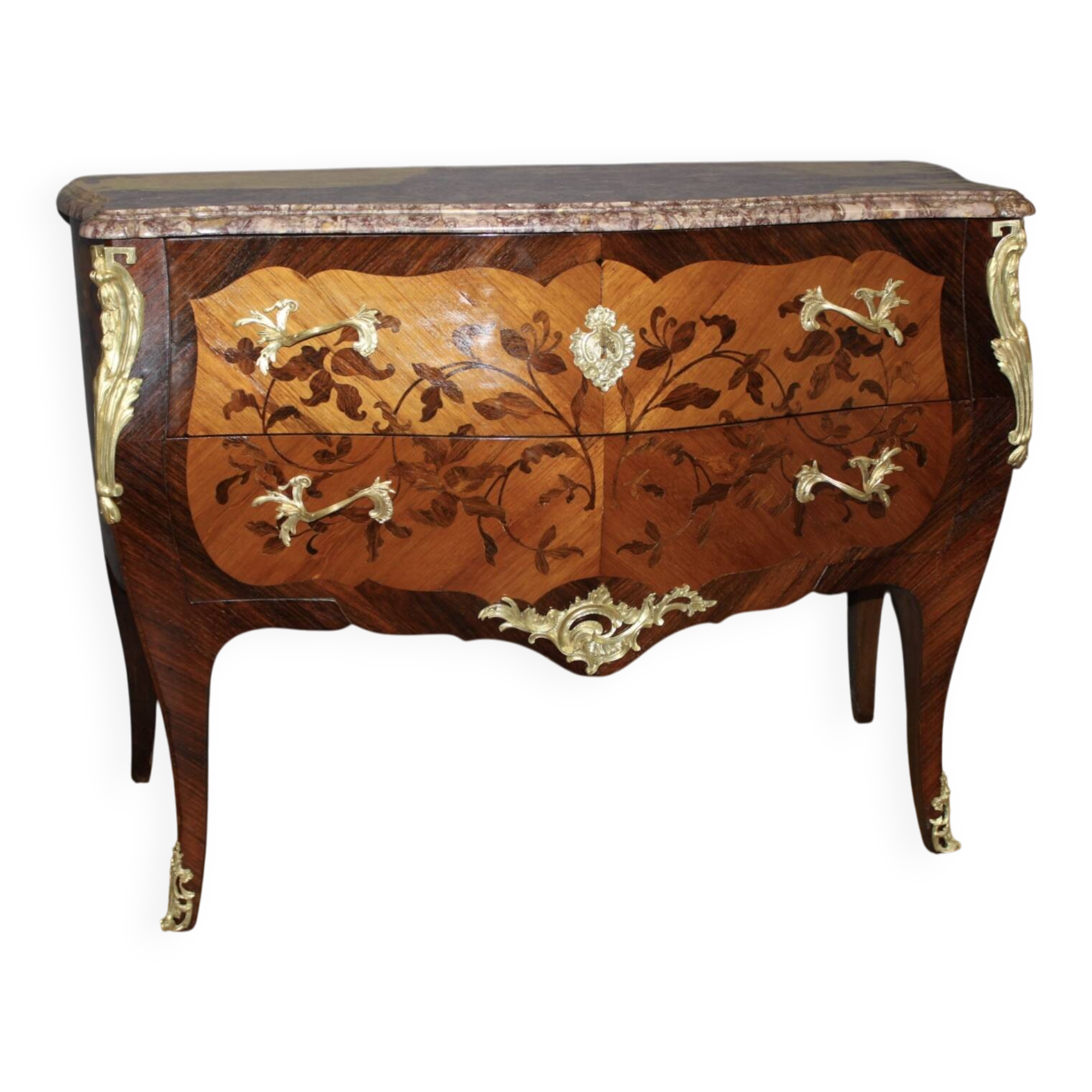 Louis XV style commode in marquetry from around 1930.