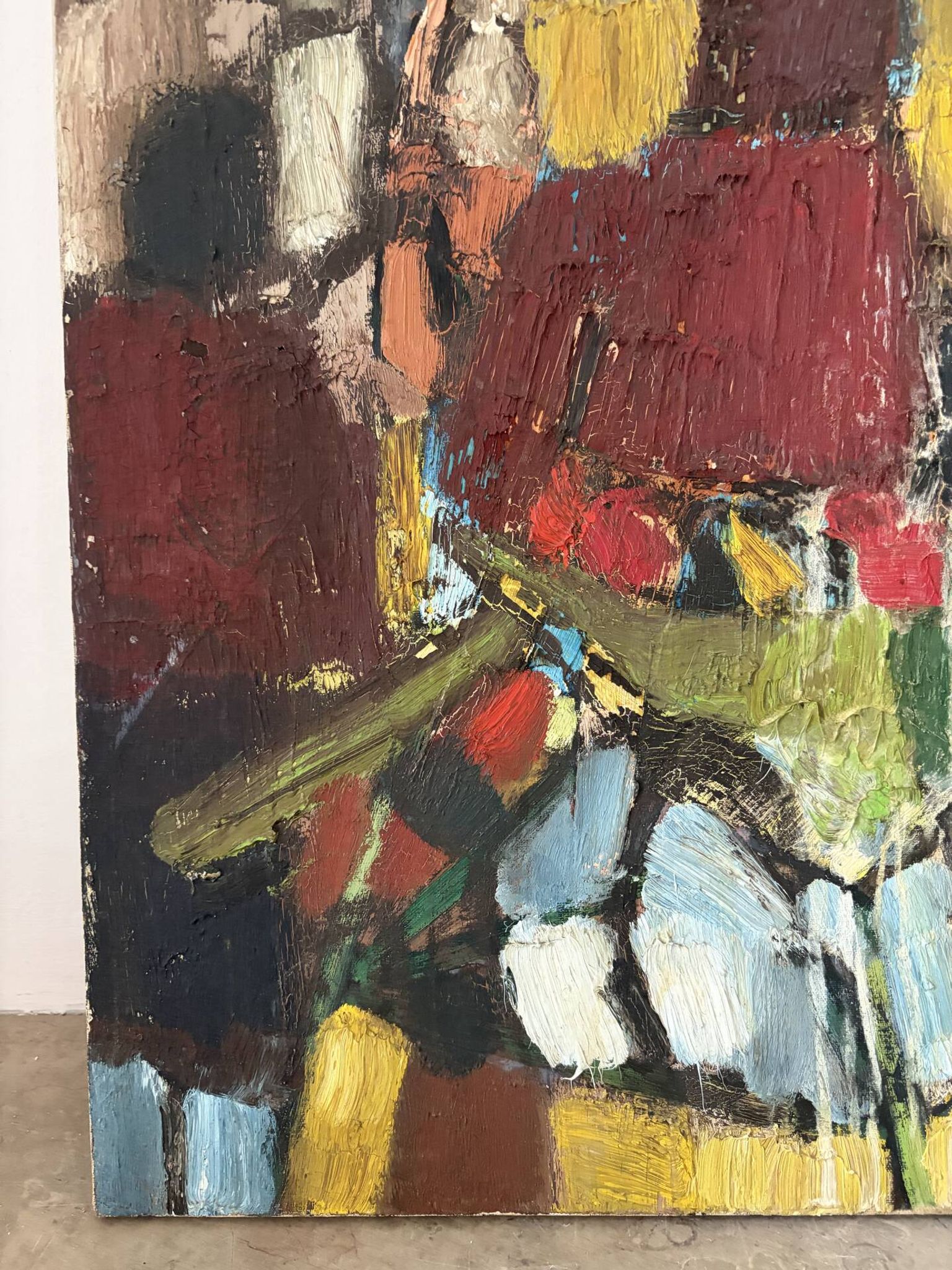 Abstract characters, knife oil, signed Menin.