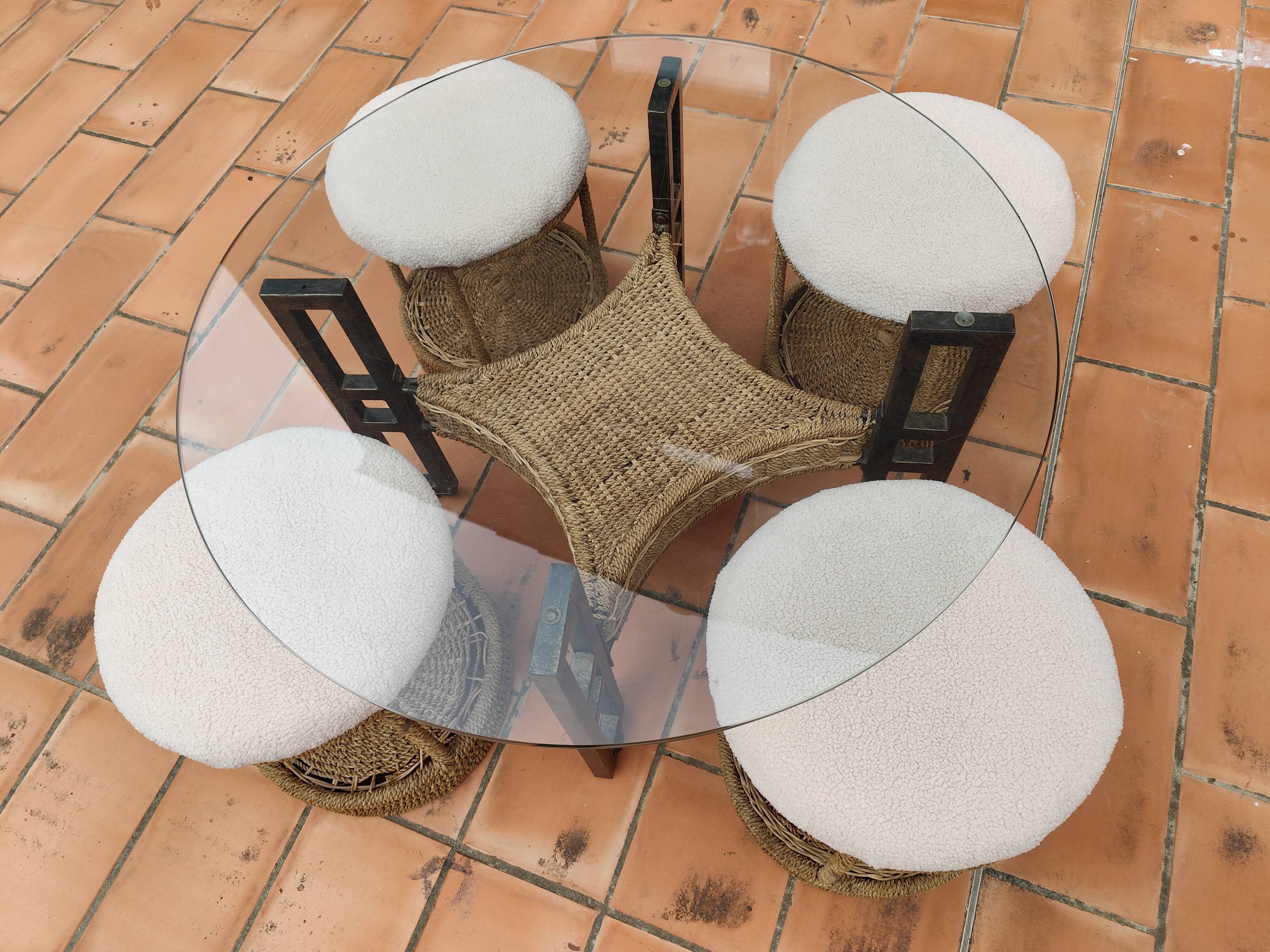 Vintage 1970s rope & rattan coffee table and 4 stools