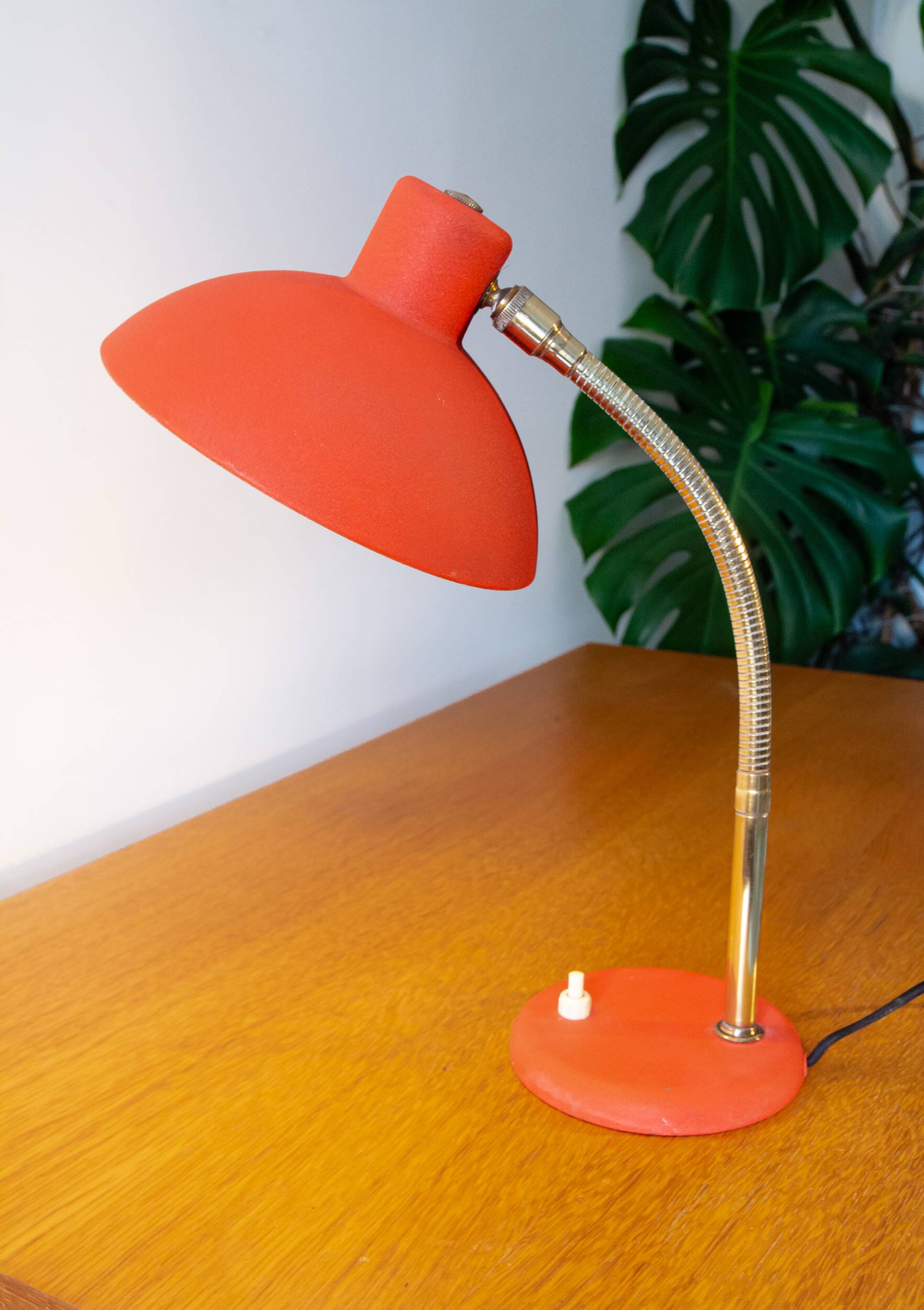 50s lamp, brass and granite red