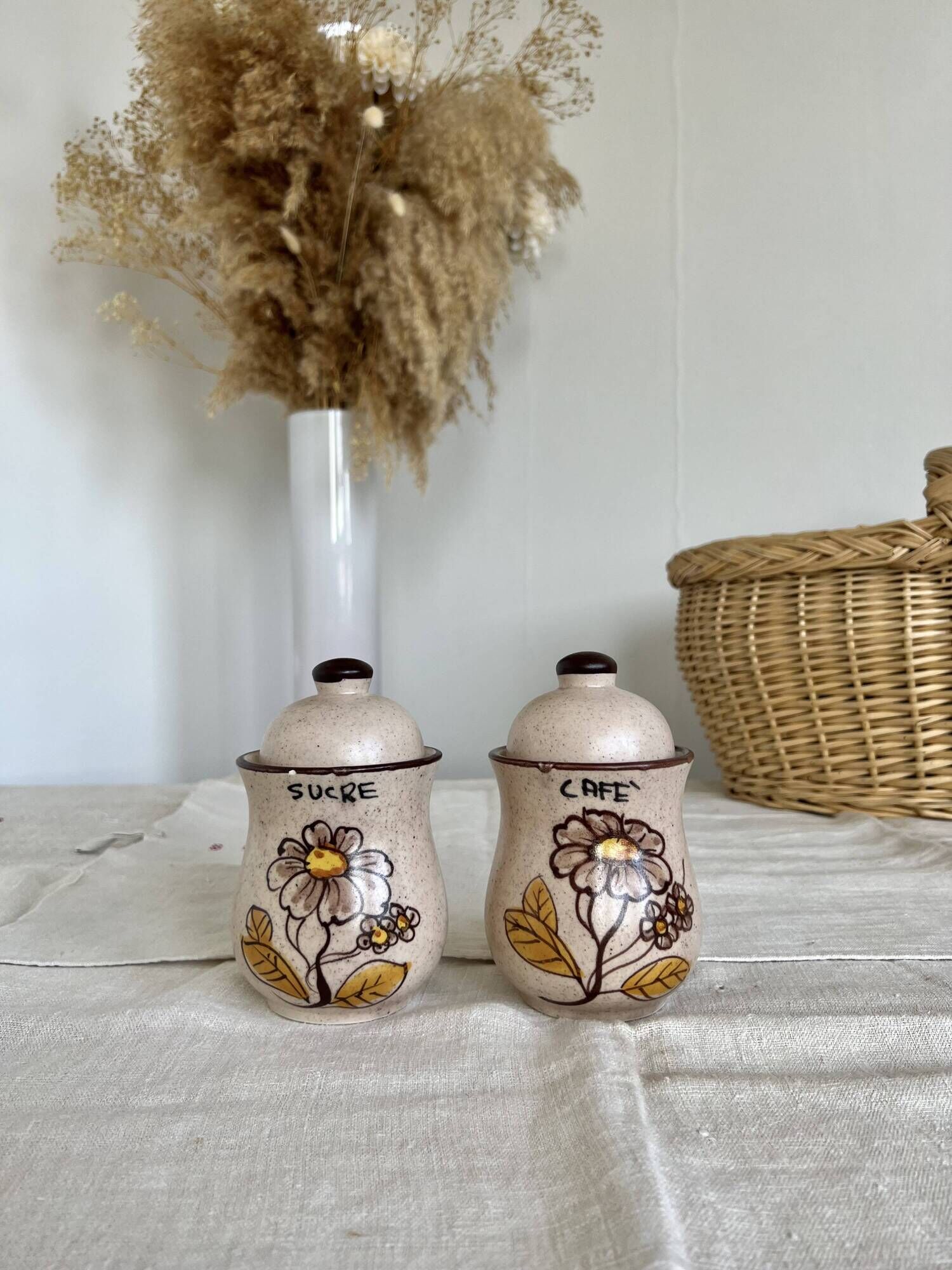 Set of 2 vintage ceramic sugar and coffee condiment pots with stoneware effect