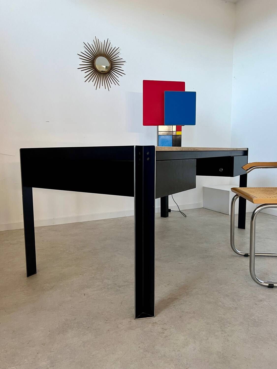 Italian design postmodern desk in metal and vintage 80s travertine top