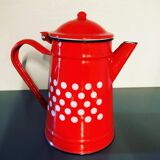 Red enameled coffee pot with white polka dots