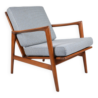 Fauteuil scandinave original Stefan, entièrement restauré, icône des années 1960, pied de poule, bleu