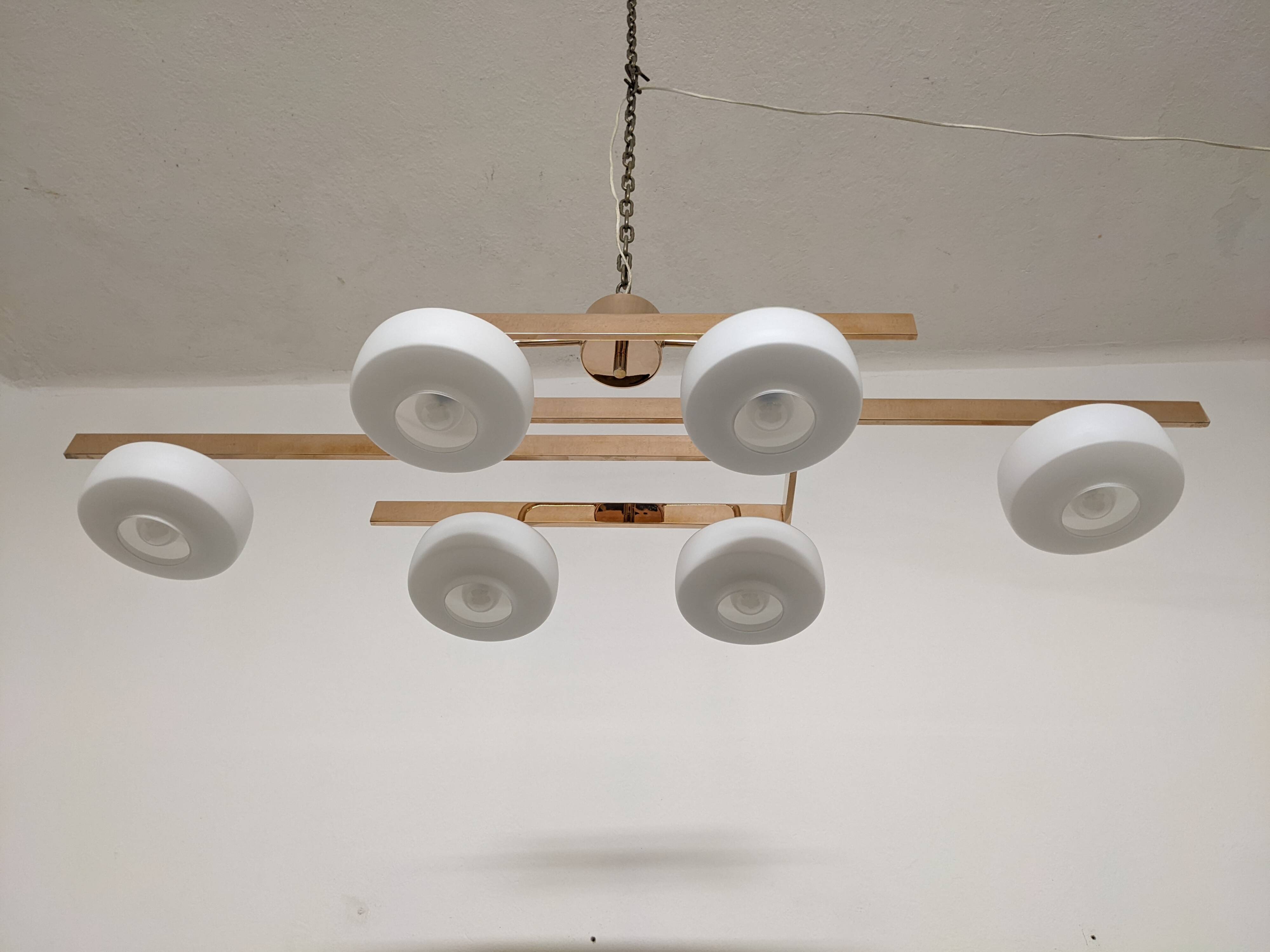 Arlus chandelier with 6 lights in opaline and brass from the 60s/70s