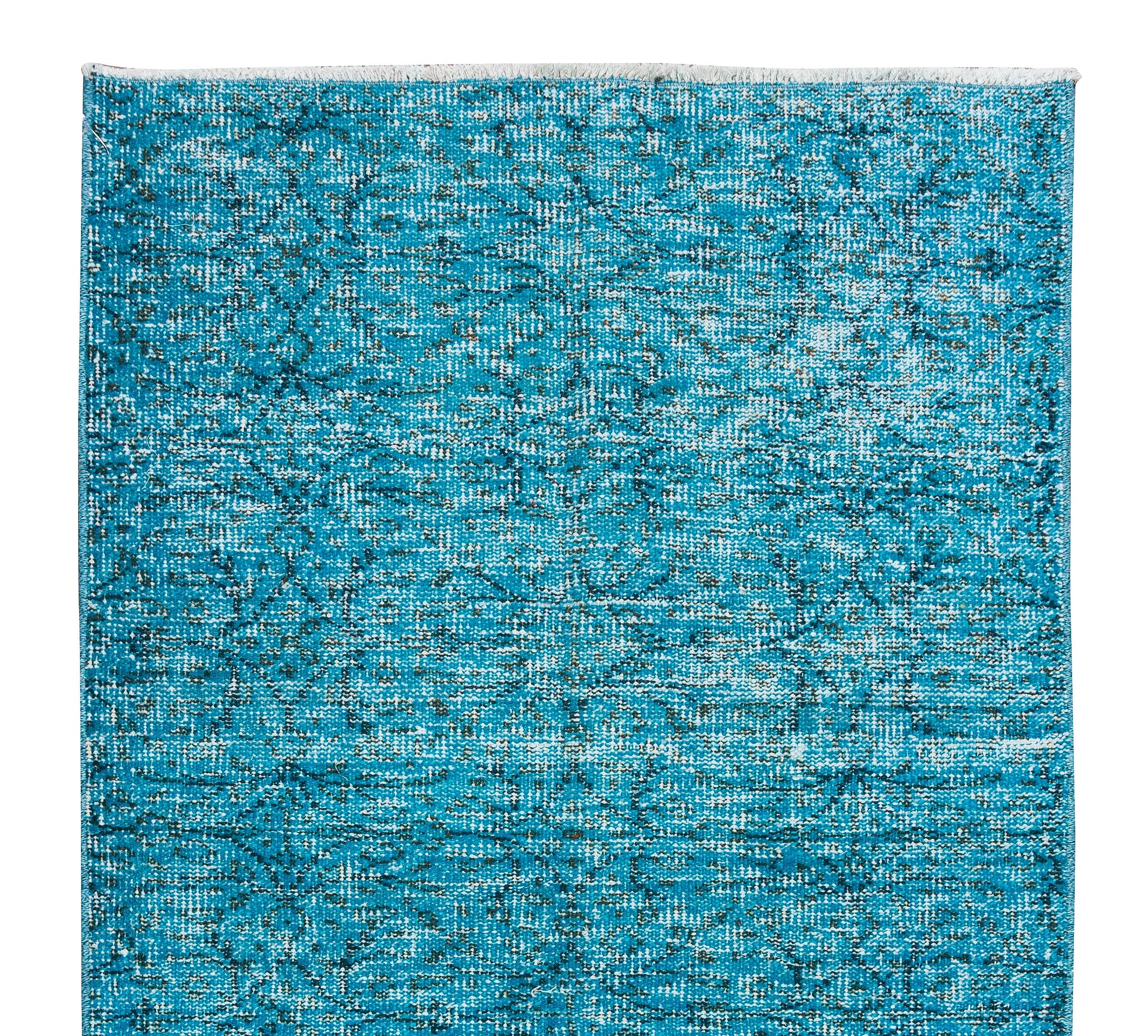 3x6 ft handmade vintage turkish rug over-dyed in teal, ideal 4 modern interiors
