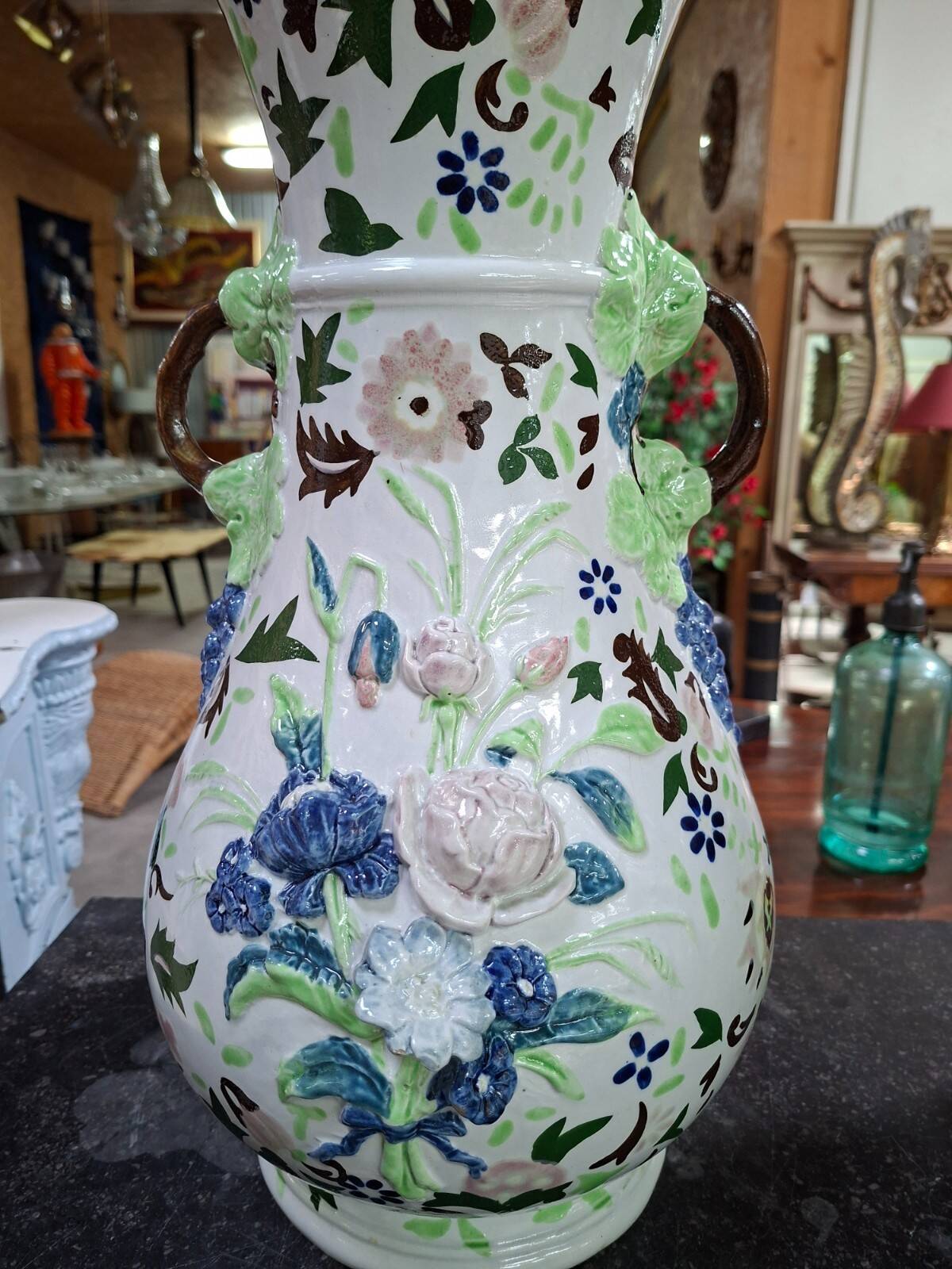 polychrome faience vase with relief floral decoration – 20th century