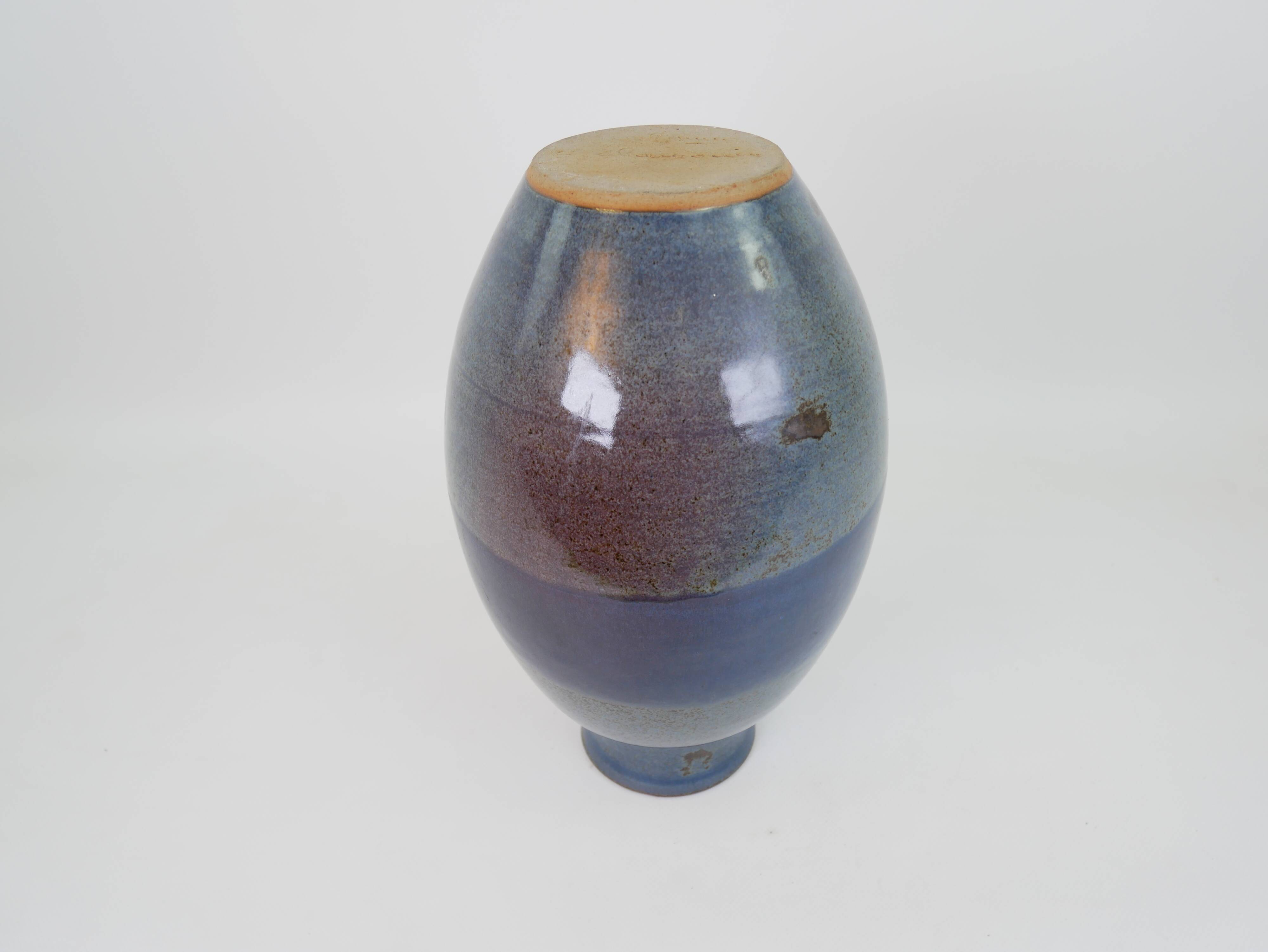 Large blue glazed ceramic vase signed under the base