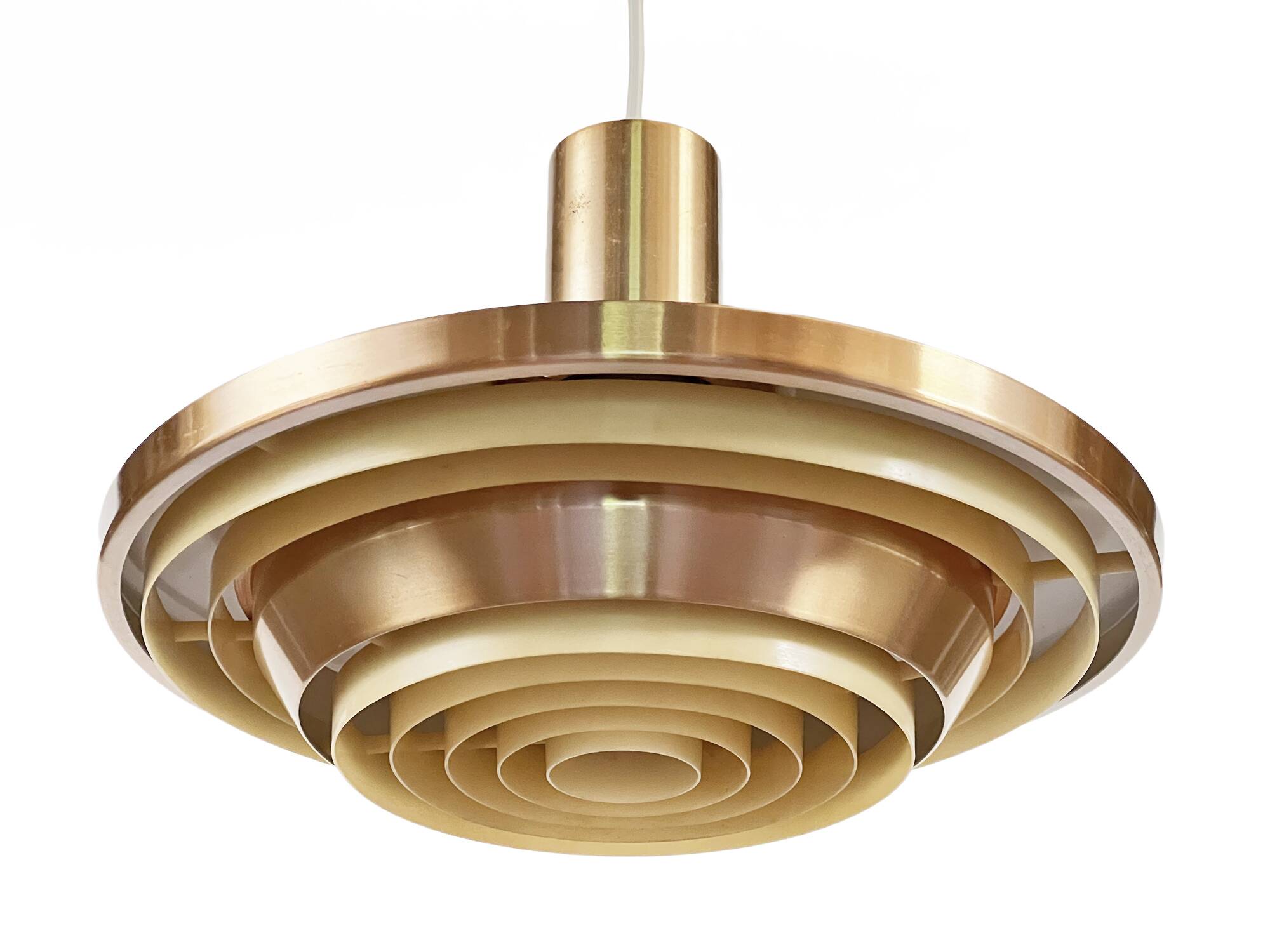 Copper colored aluminum pendant light from Lyskaer belysning. Denmark 1970s