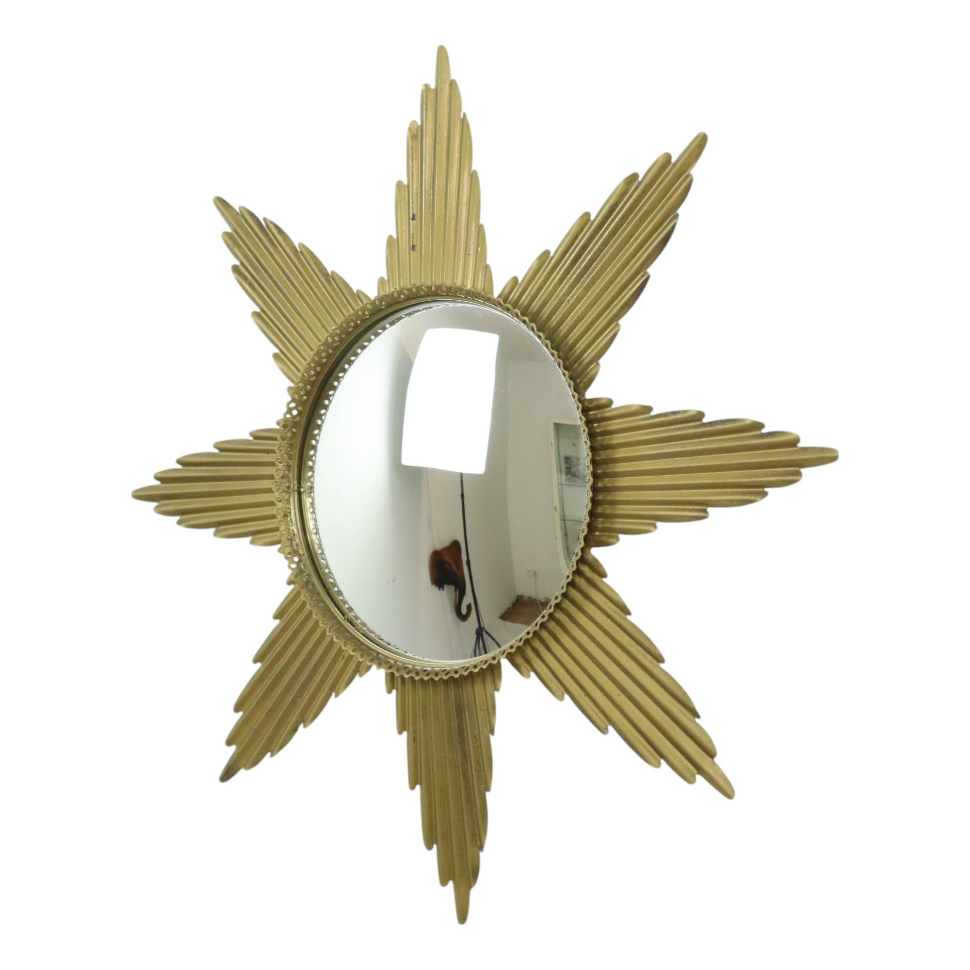 Large Starburst Sunburst Mirror Convex Gold Metal