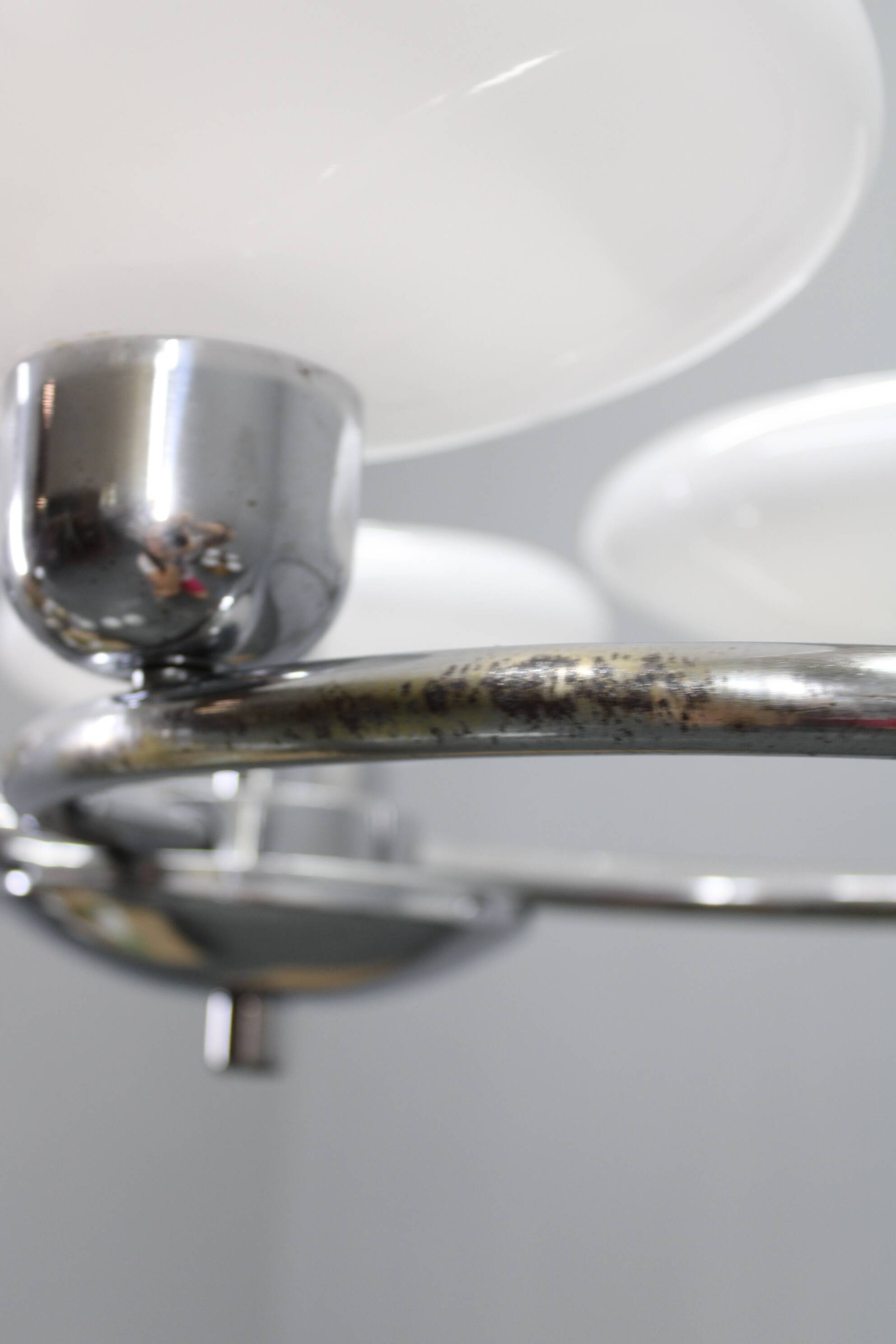 Mid-century chrome chandelier with milk-glass disc shades, Czechoslovakia, 1950s