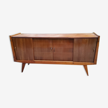 Sideboard of the 50s in oak and mahogany 4 sliding doors compass feet and fins
