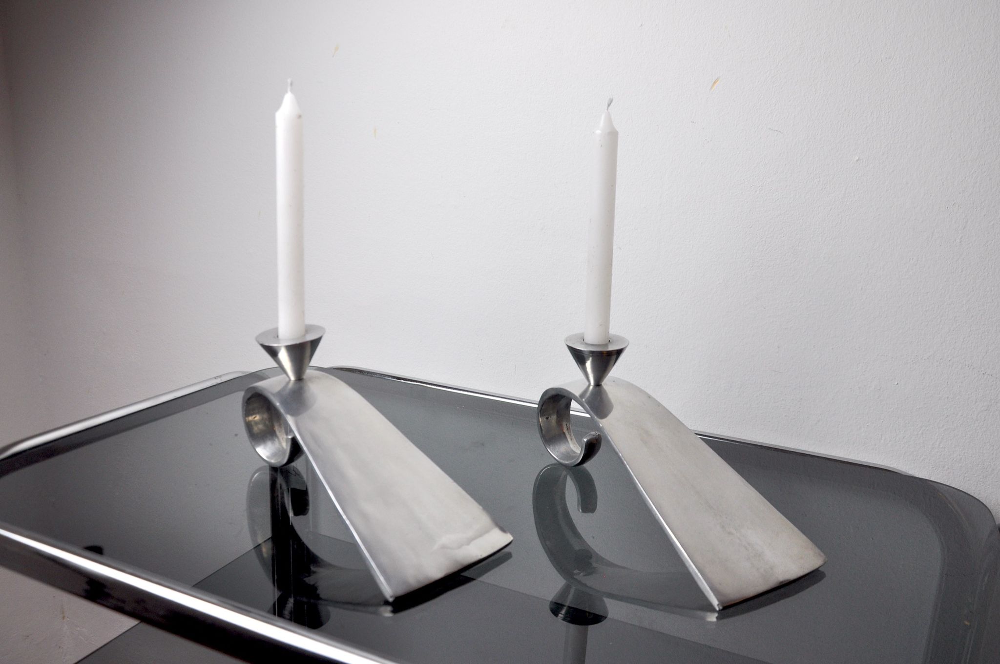 Pair of comma candlesticks by matthew hilton, England, 1980