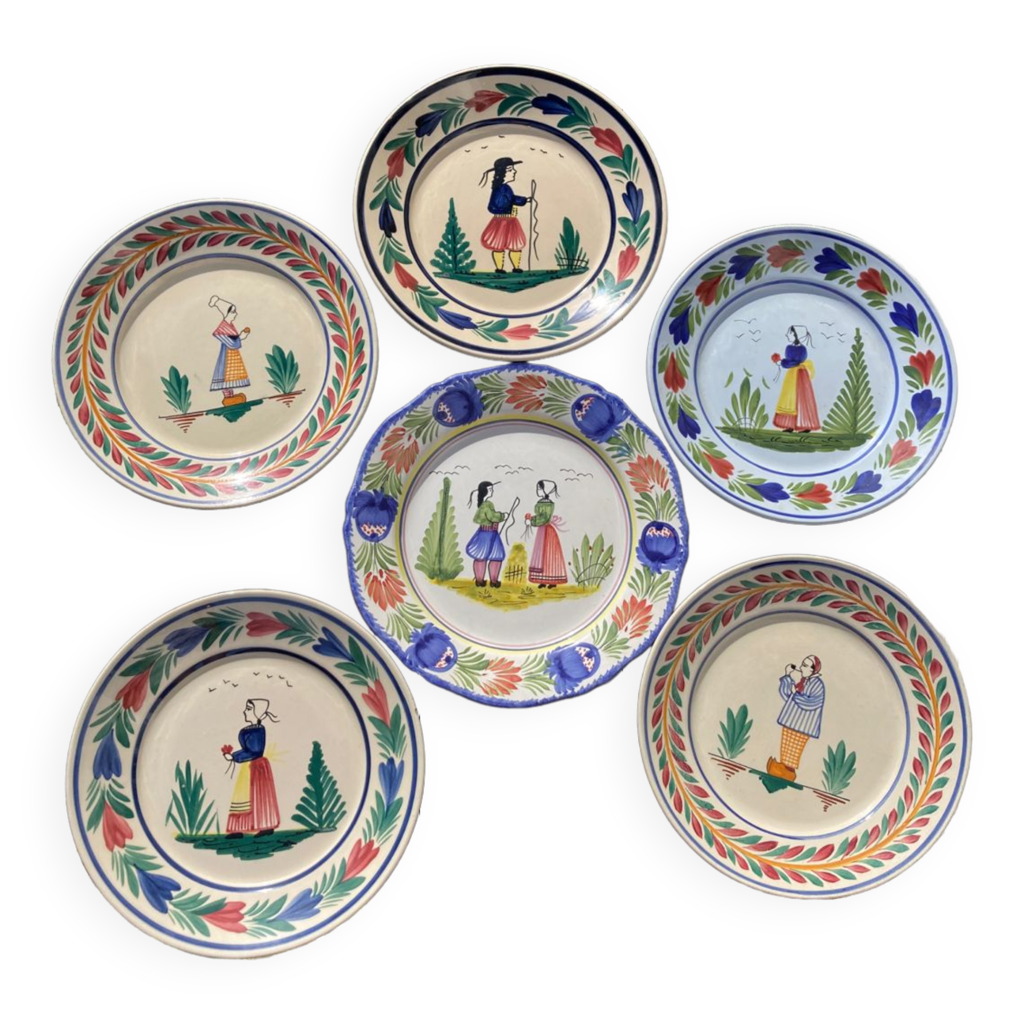 6 Quimper plates with old ceramic characters