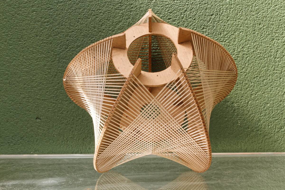 Scandinavian modernist wooden suspension with taut wires, 1960s.