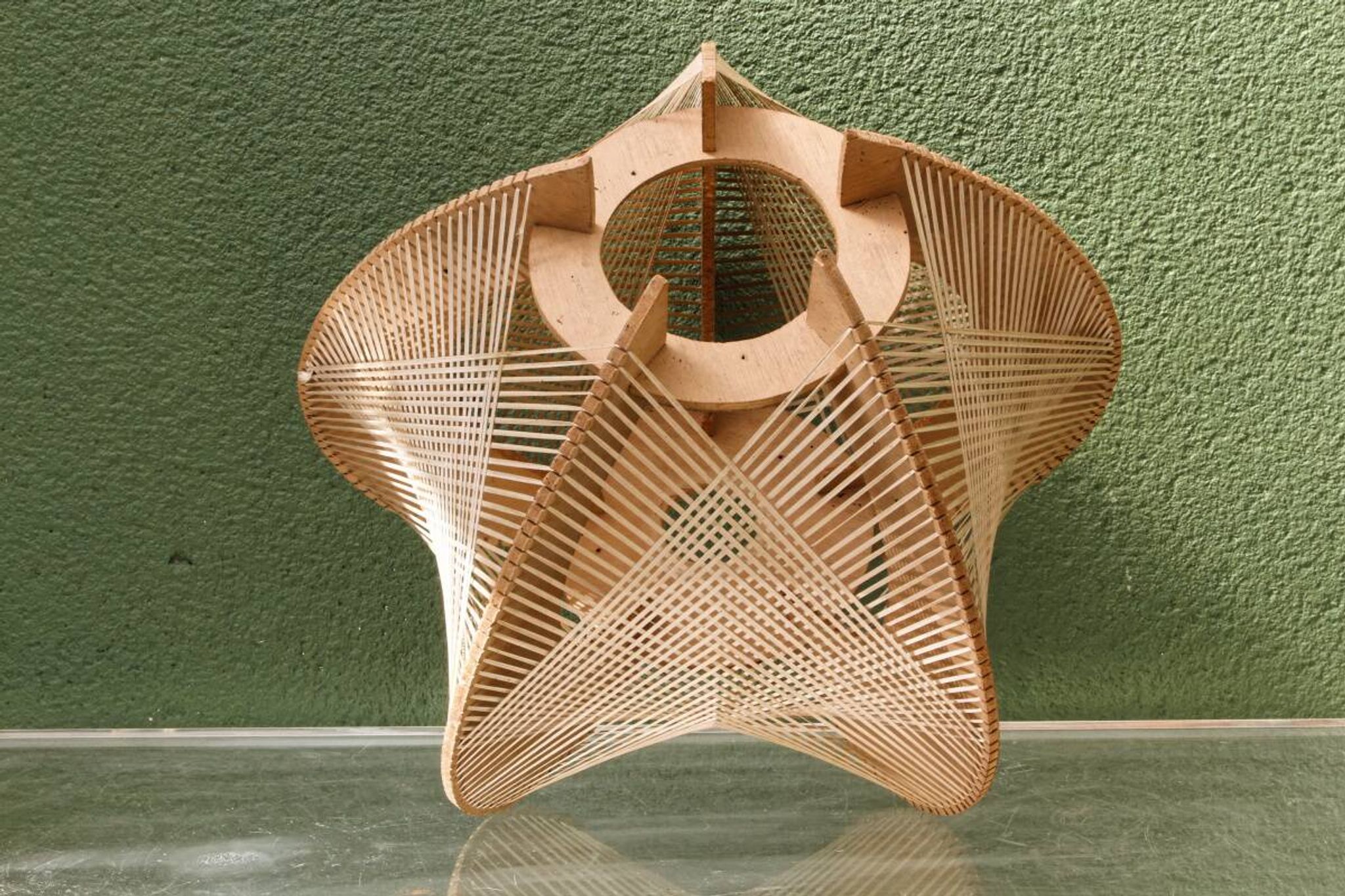 Scandinavian modernist wooden suspension with taut wires, 1960s.