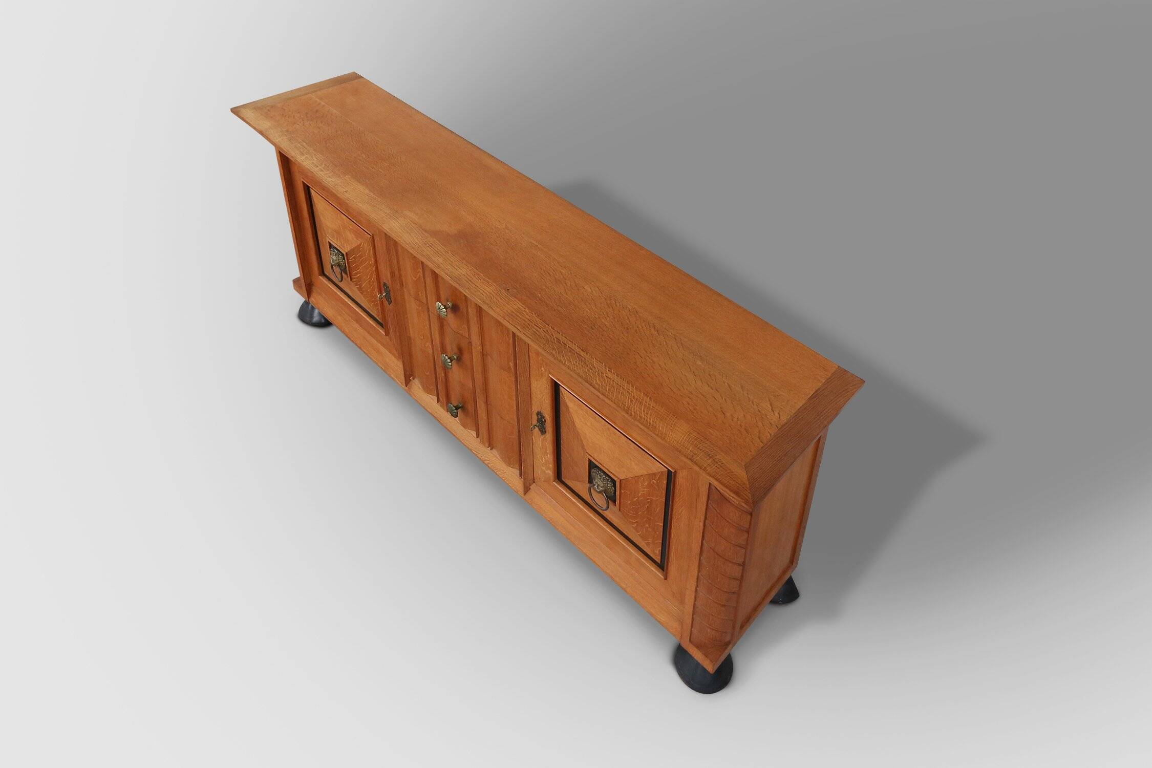 Art Deco brutalist Belgian Oak and Brass Sideboard, 1940s