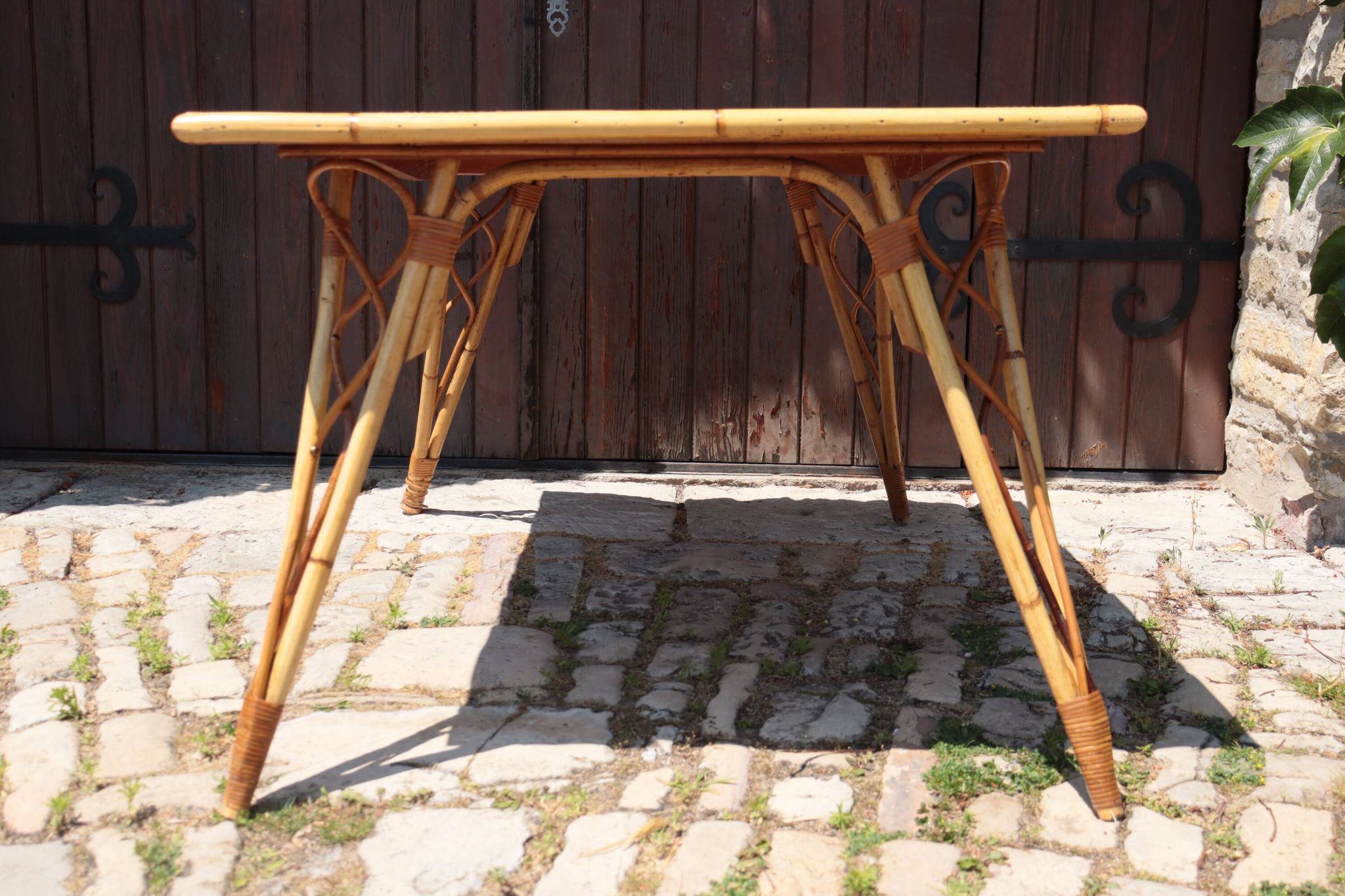 Audoux Minet attribution  rattan and ceramic dining table