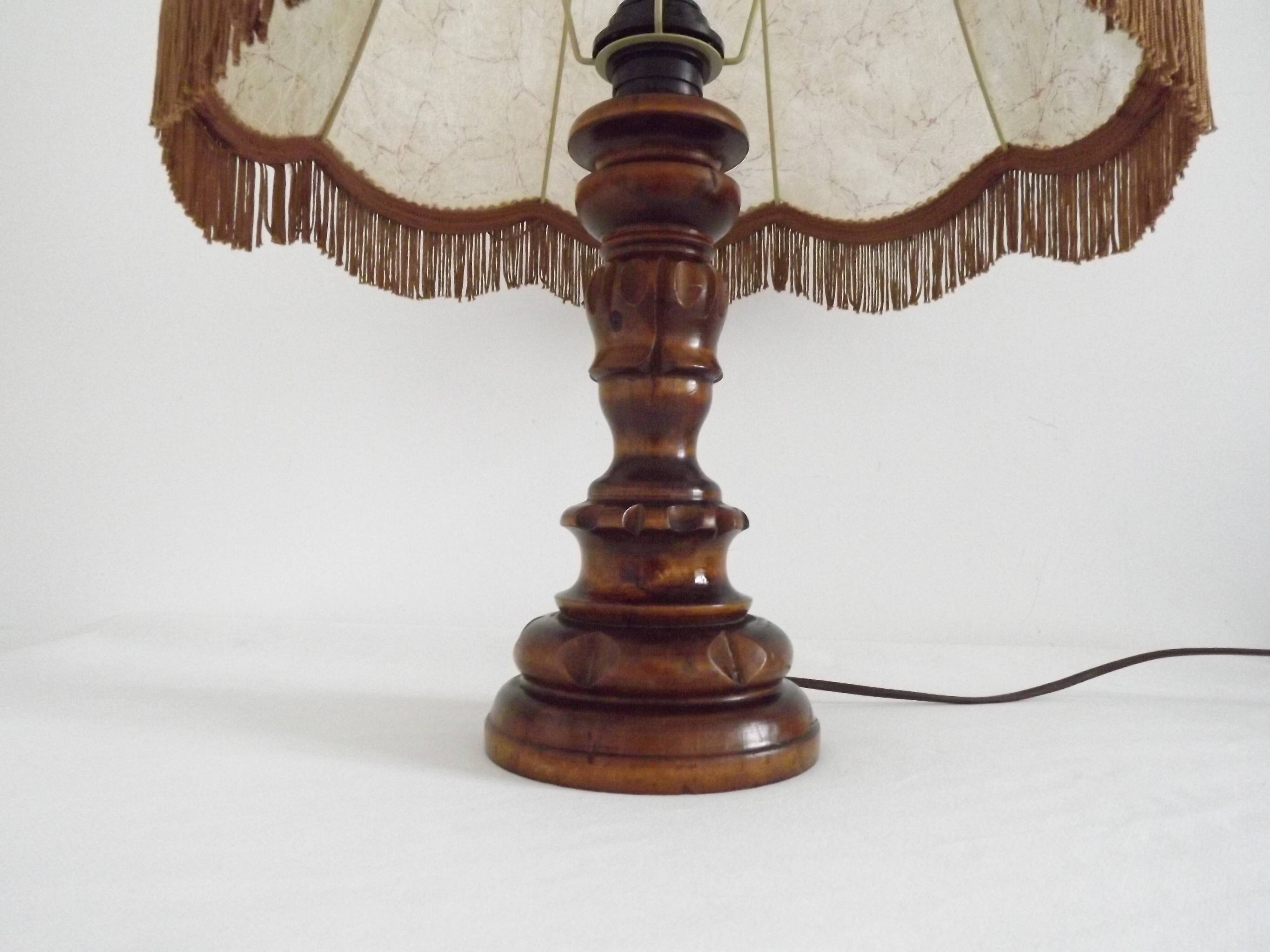 Vintage French Country Table Lamp Carved Turned Wood Base & Hide Skin Shade