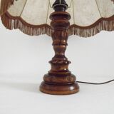Vintage French Country Table Lamp Carved Turned Wood Base & Hide Skin Shade