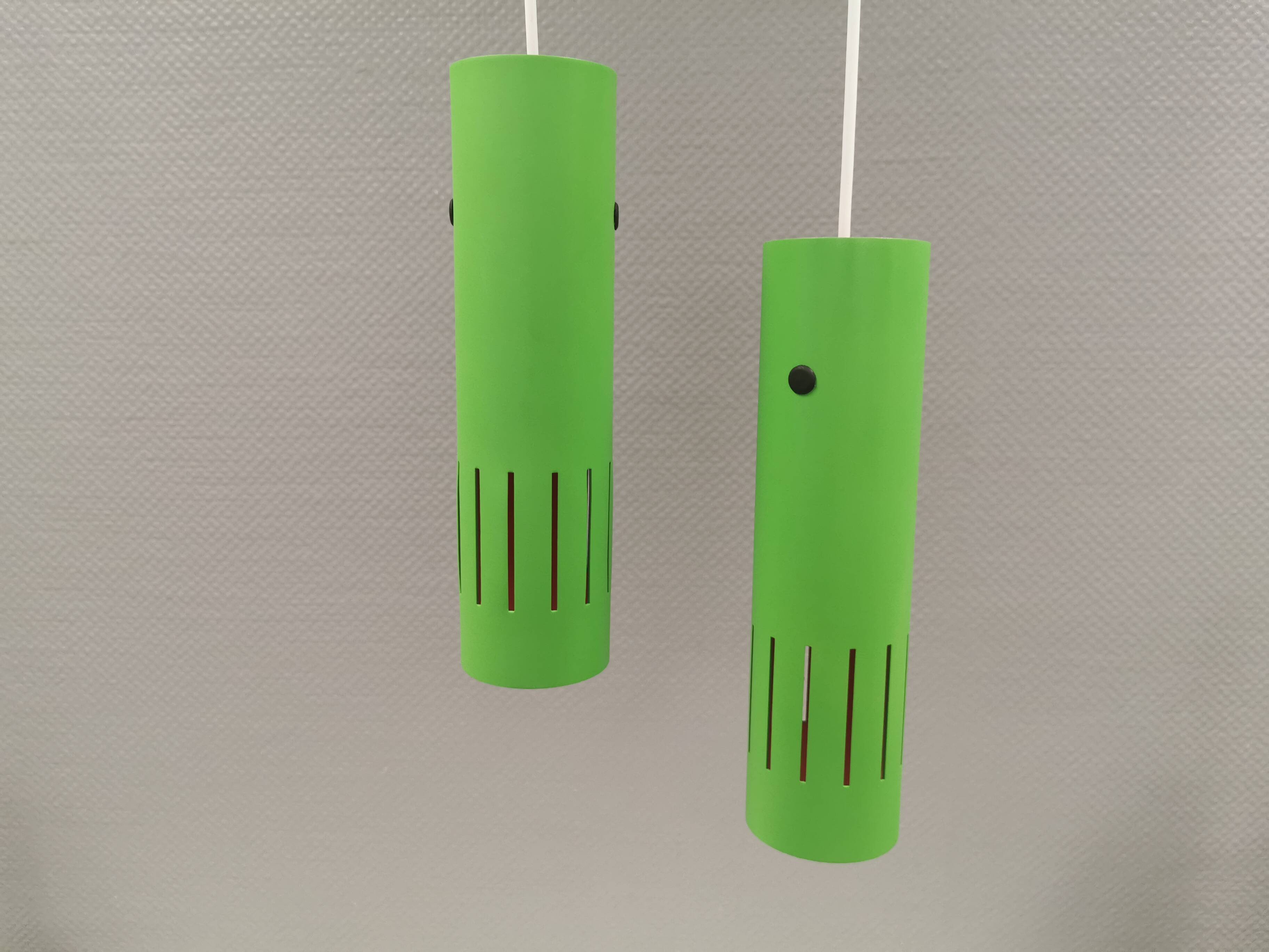 Trombone hanging lamps, refurbished, repainted in beautiful green colours
