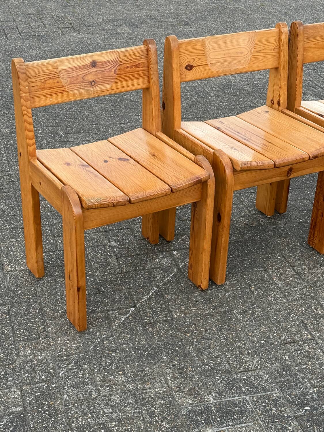 4 x Ate van Apeldoorn Dutch Brutalist Pine Wood Farmhouse Chairs
