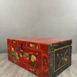 Antique Hand Painted Chest, Floral Decor on Red Background, 19th Century