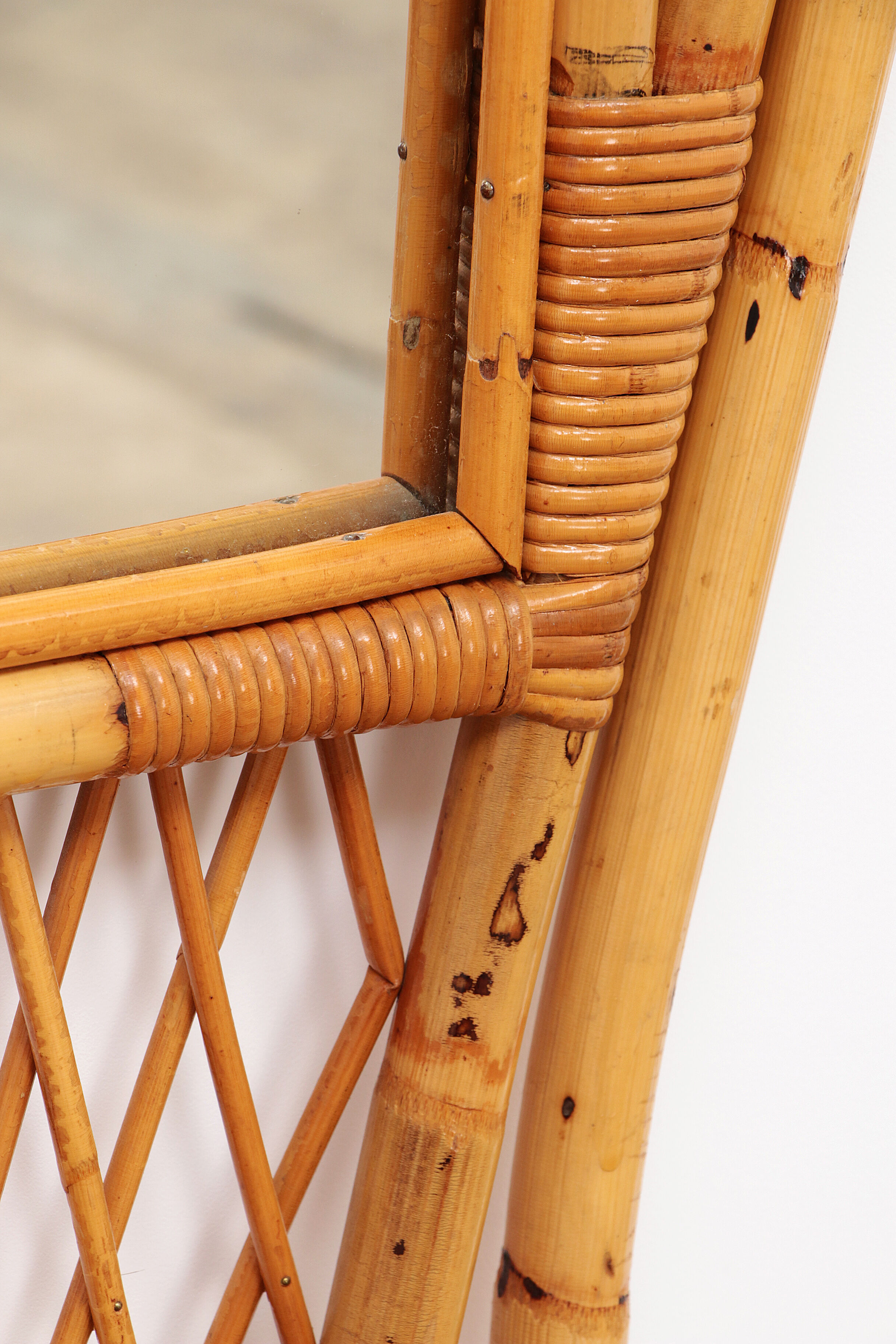 French Bamboo wall coat rack with large mirror, 1960