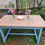 Farm table in oak rough tray vitrify Nordic green foot a drawer covered