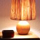 Pair of wooden lamps, raffia lampshade, 70s