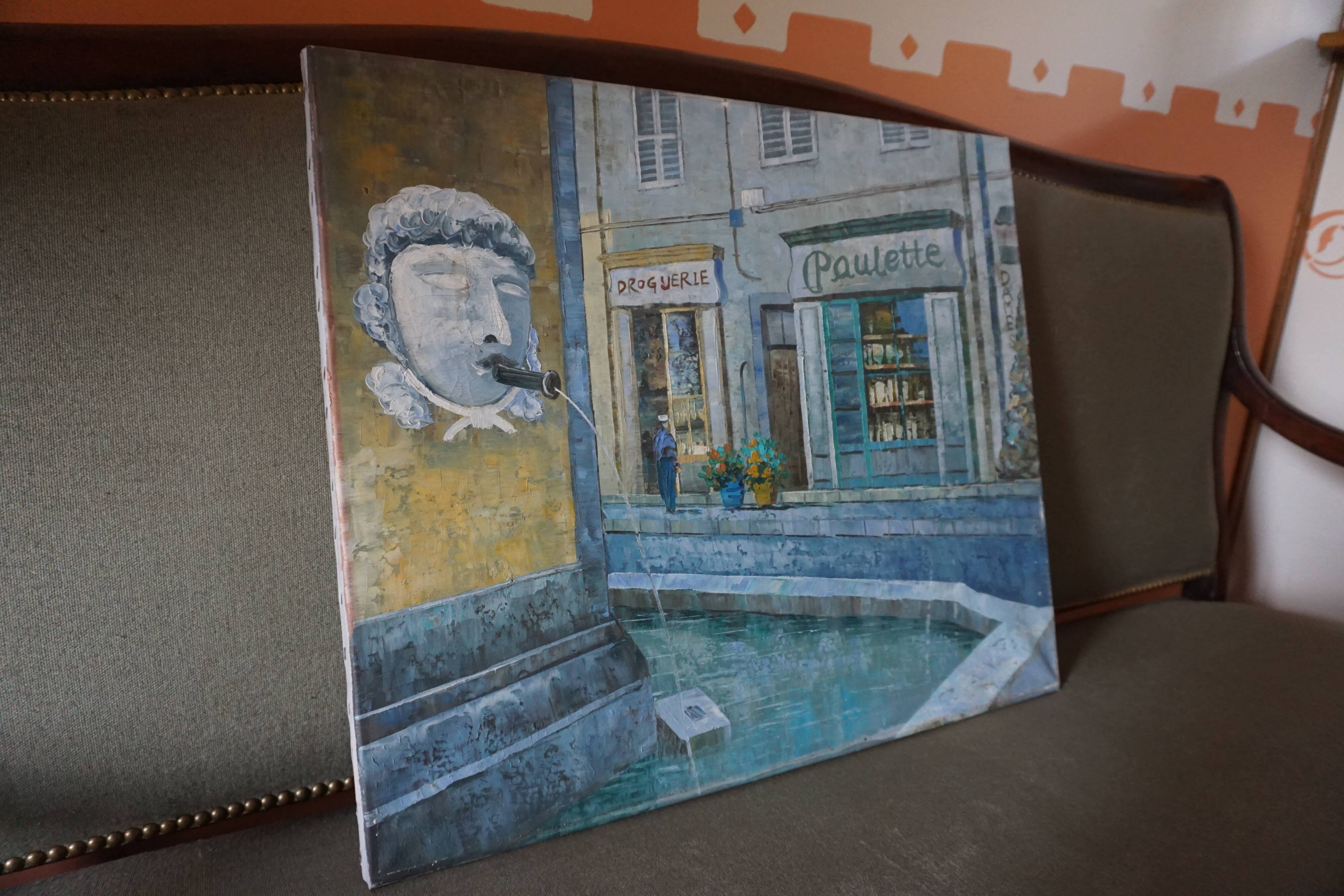 Oil on canvas street in the village of Cotignac (Provence)