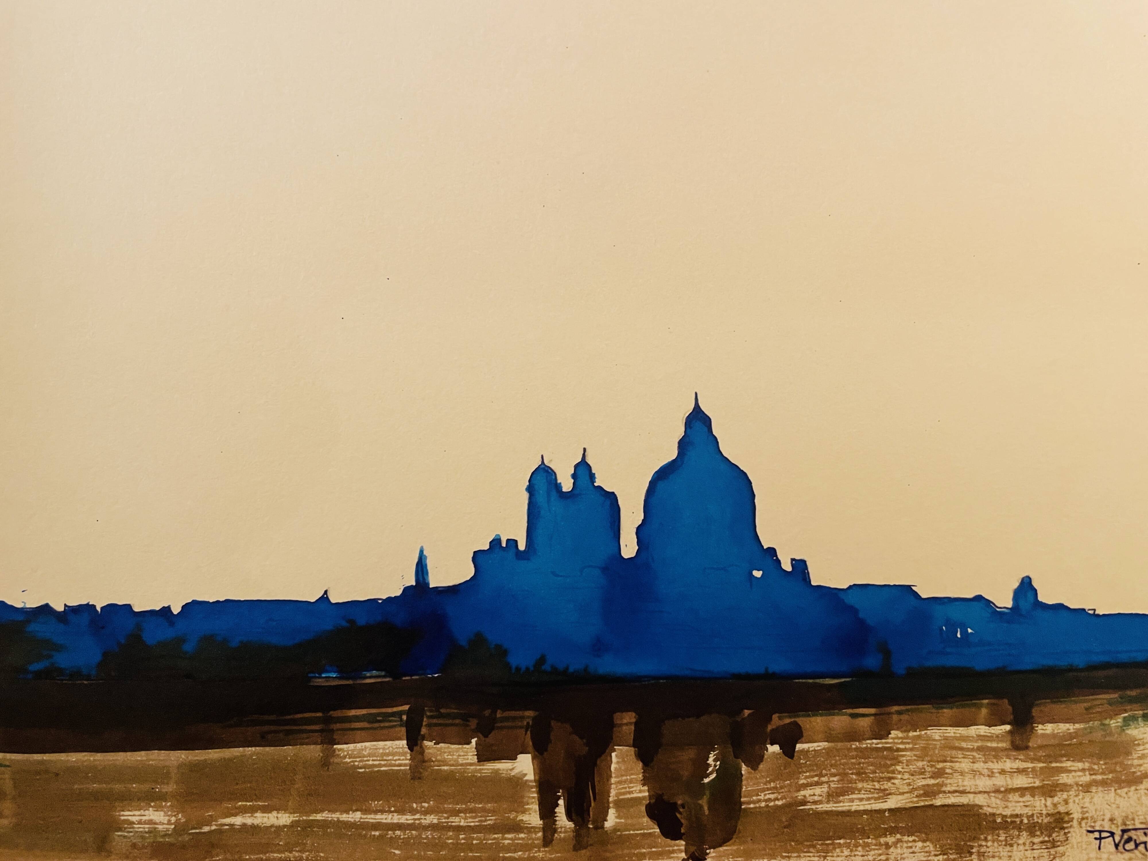 Signed watercolour painting in two colours "Twilight over Venice"