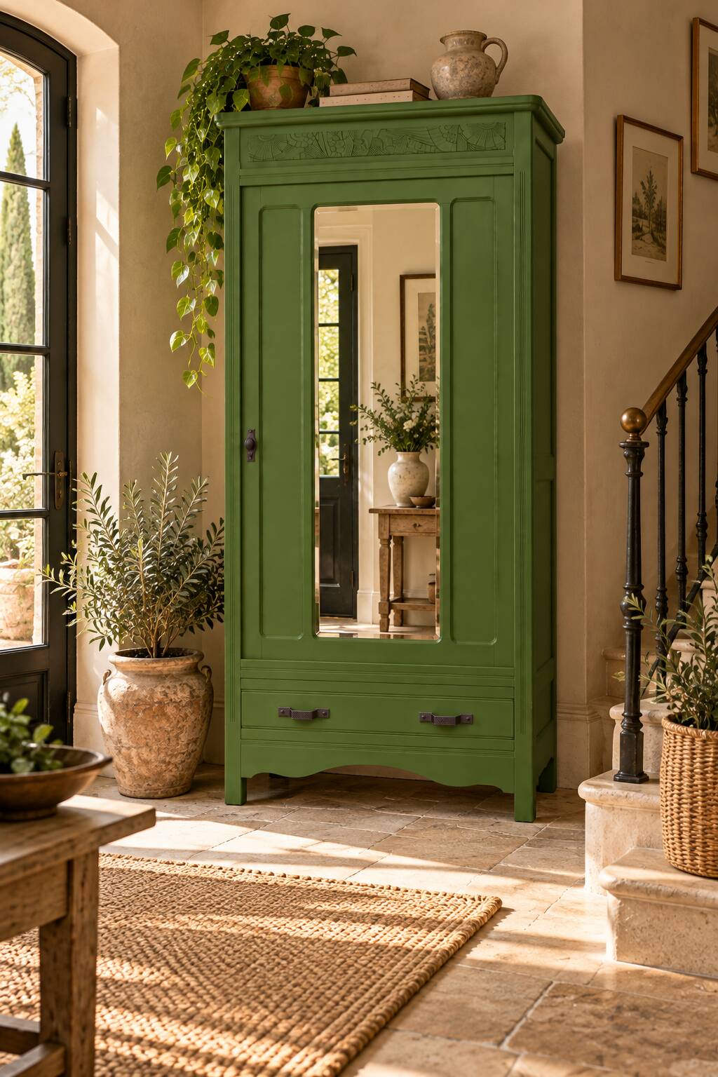 Renovated Art Deco Parisian wardrobe in khaki with original mirror.