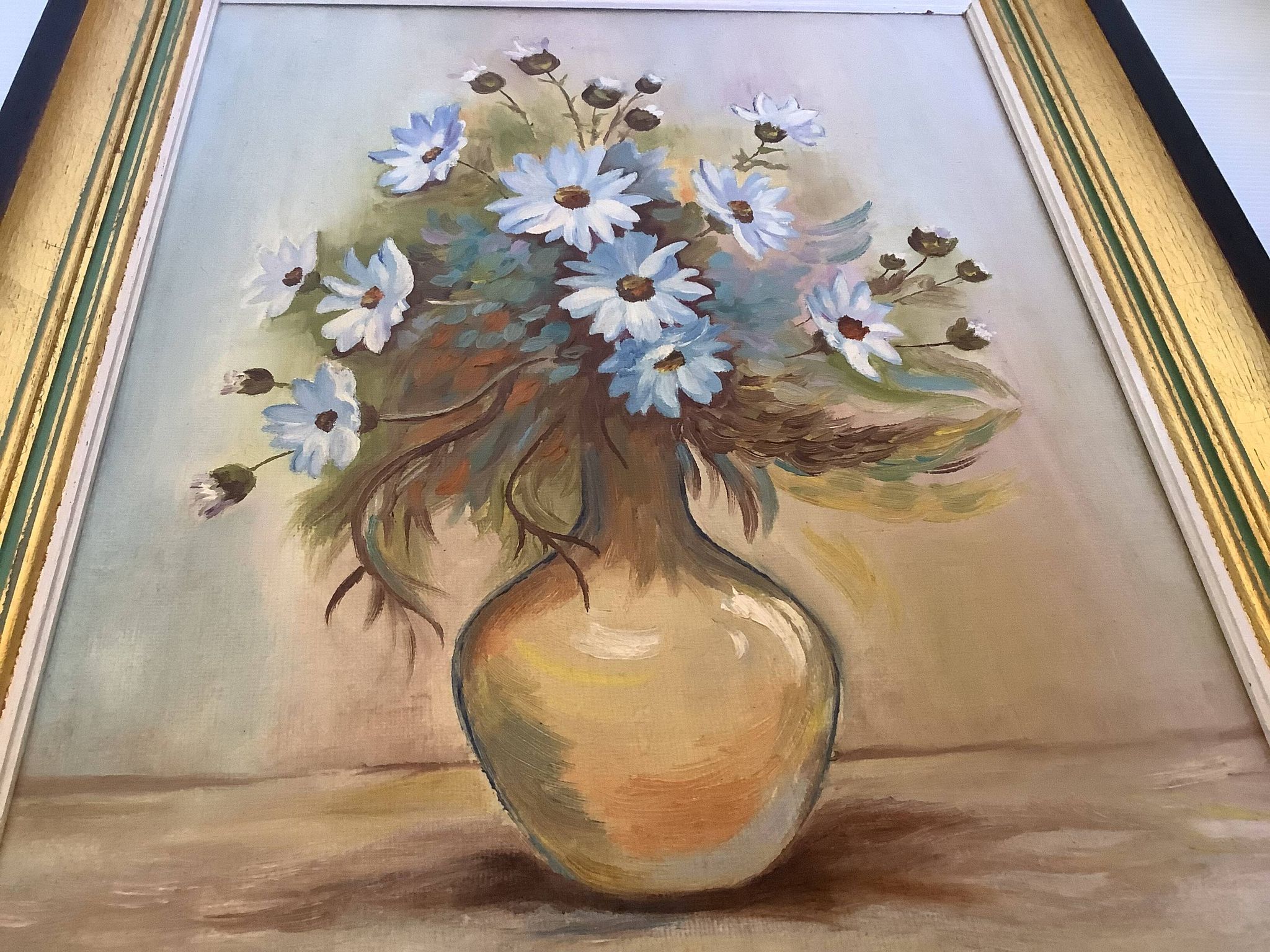 Painting of a bouquet of blue flowers, oil on canvas, signed.
