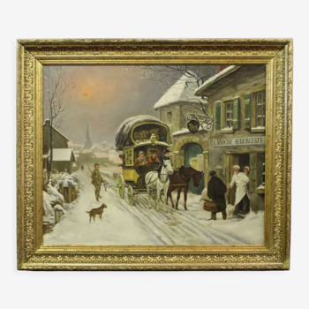 Oil on canvas village under the snow end of the XIXth