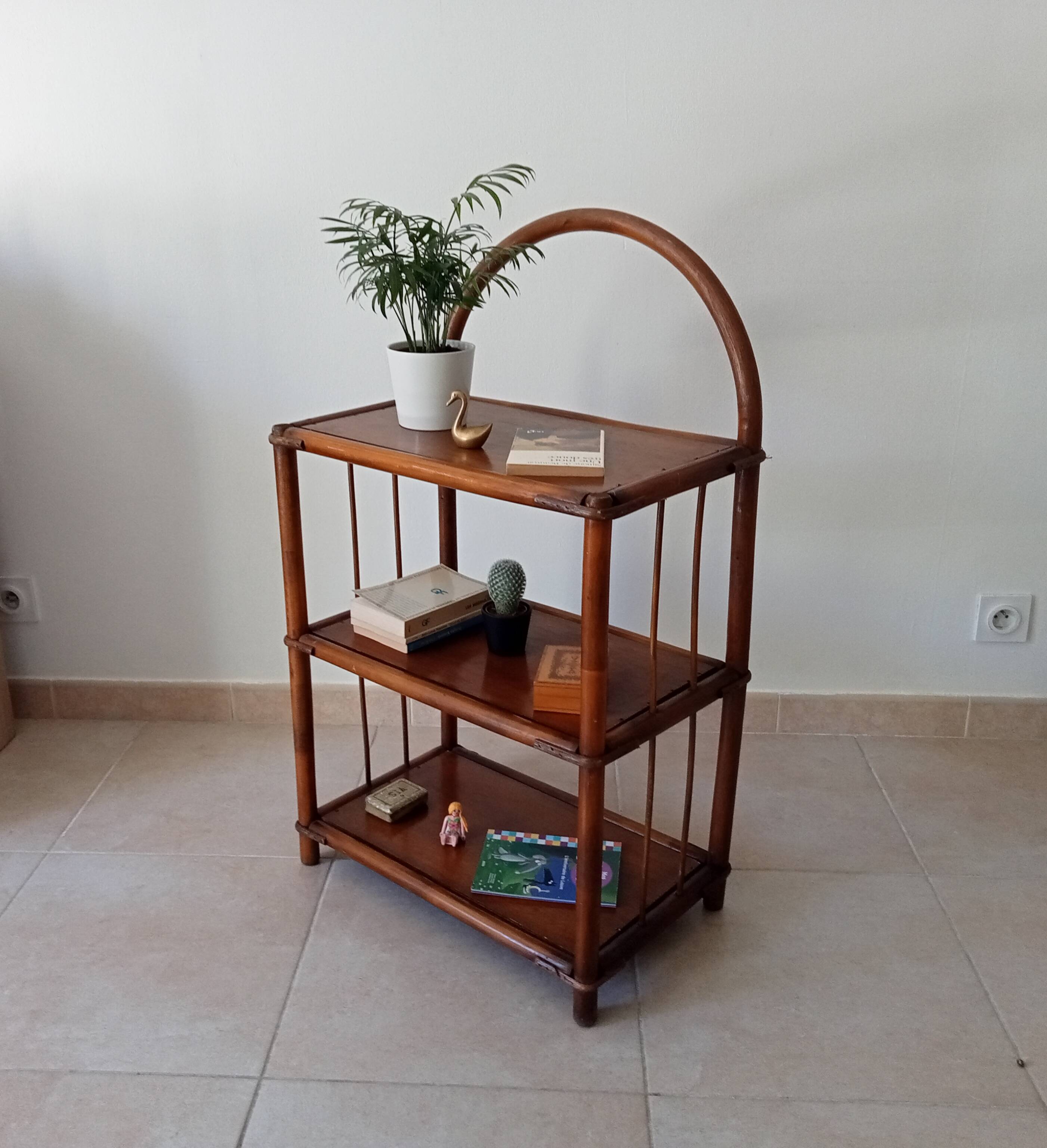 Vintage bamboo and rattan standing shelf